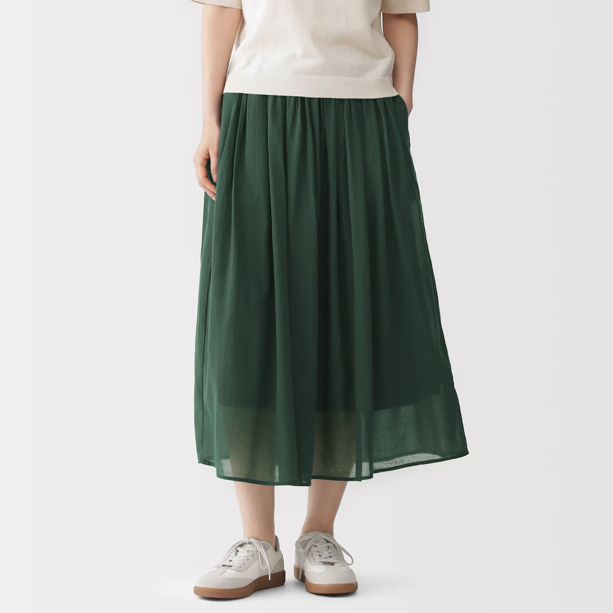 MUJI Womens 100% Cotton Gathered Skirt Dark Green FedEx