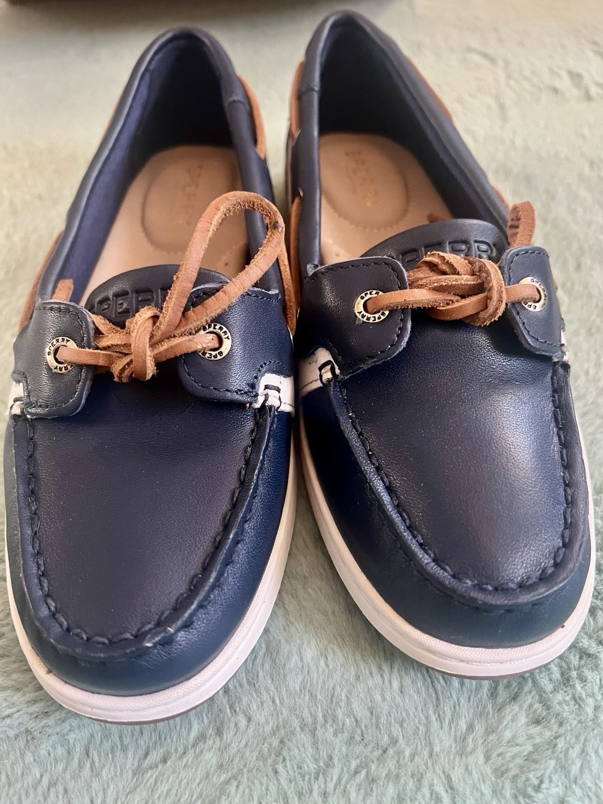 Sperry Top-Sider Starfish Leather Boat Shoes Navy/Tan Lace-Up 5M STS86211