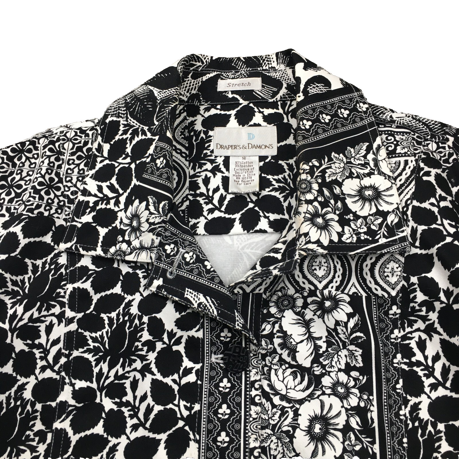 Draper’s & Damon’s Womens Blouse Sz 16 Floral Leaf Button-Up 3/4 Sleeves Stretch