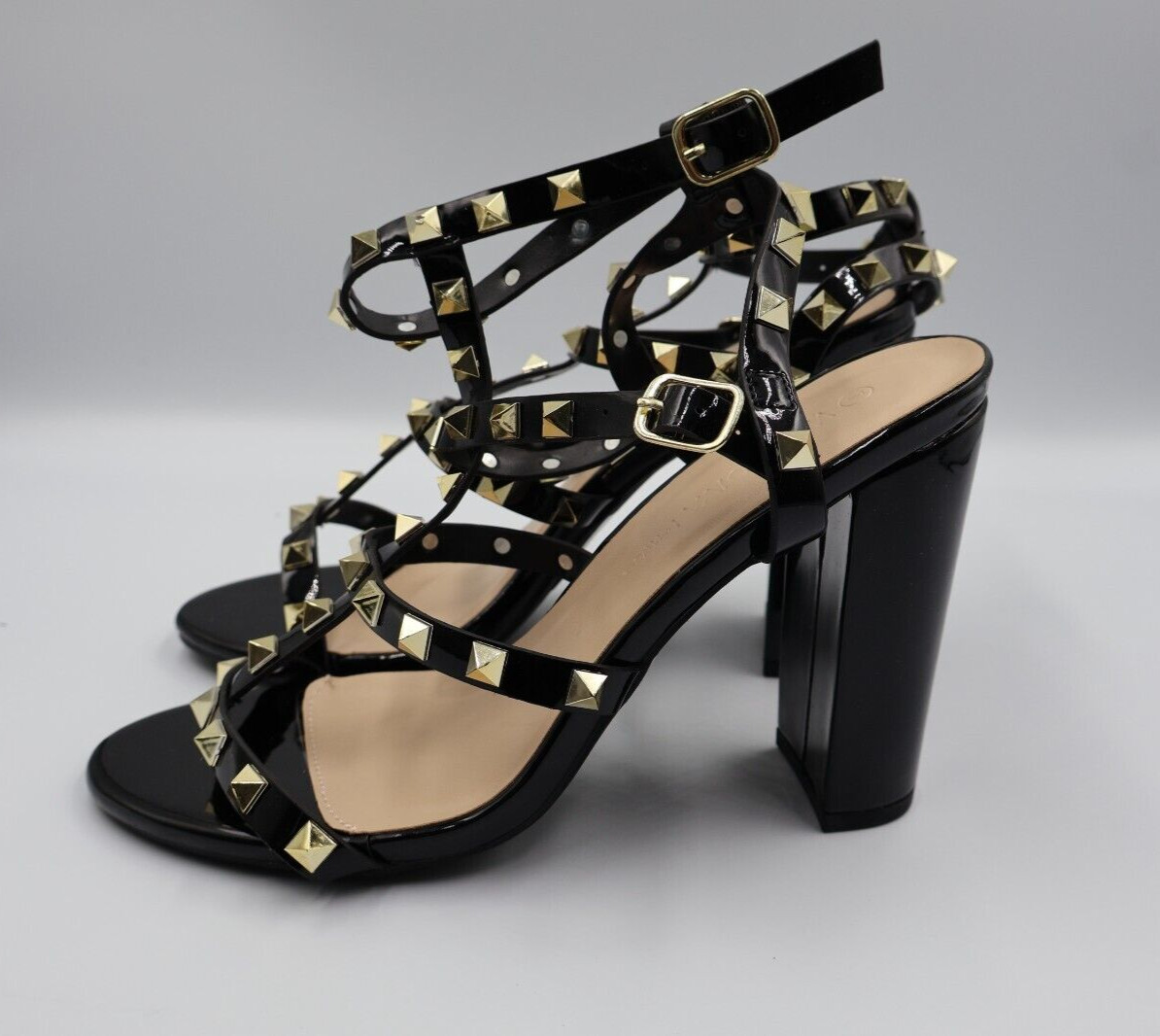 Block High Heel Studded Ankle Strap Buckle PU-Leather Open-Toe Formal Fashion