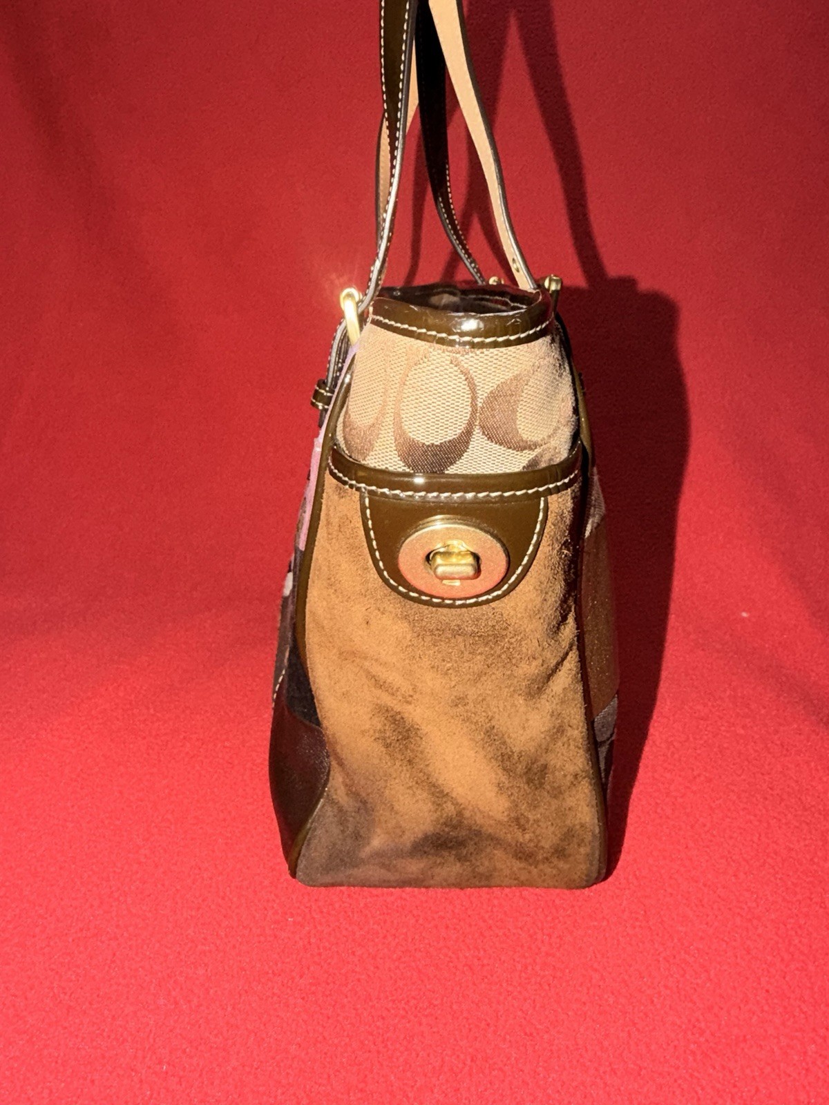 Coach Patchwork Signature Canvas Tote Bag Brown Purple Beige Zip Closure