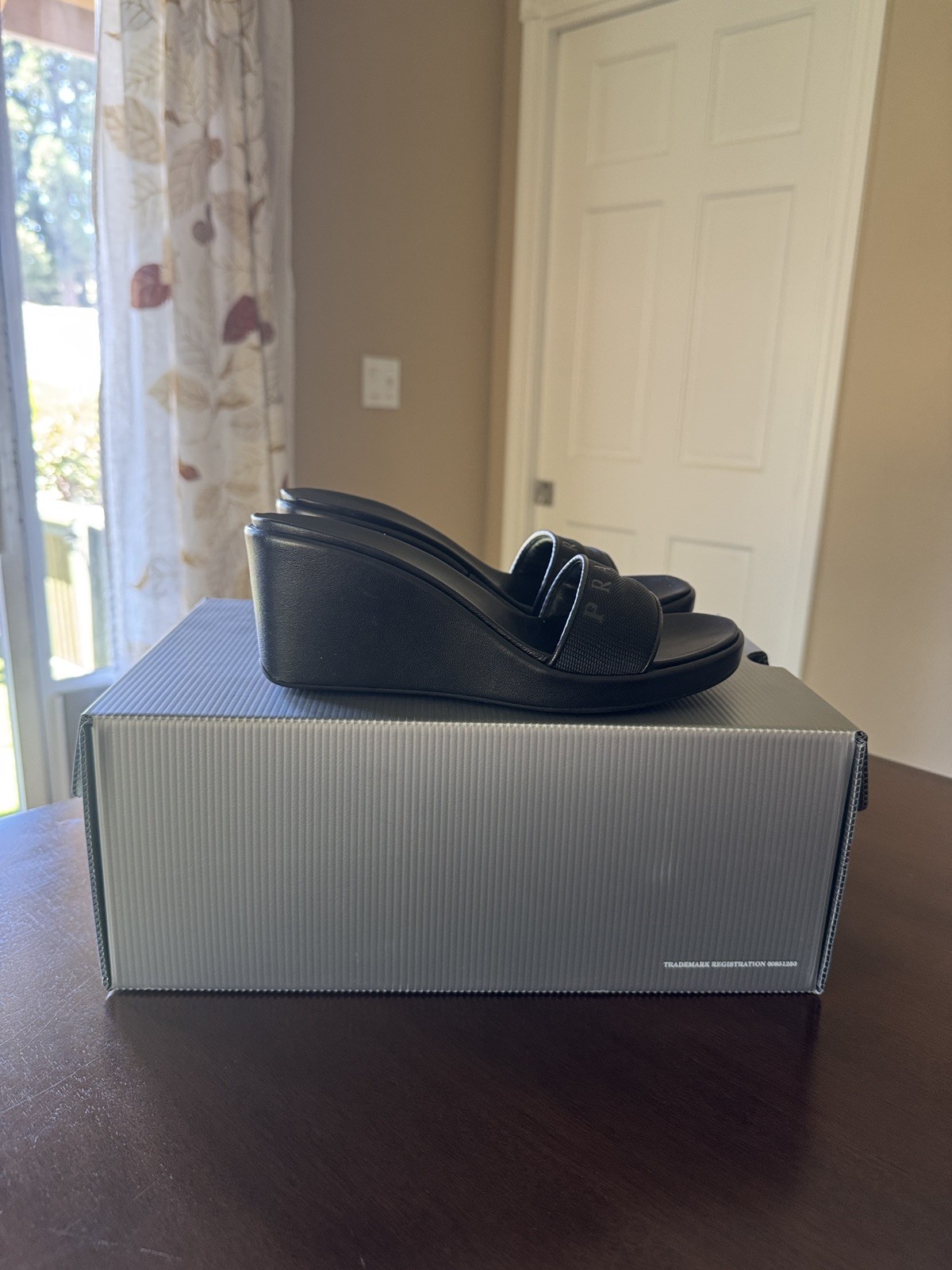 NEW AUTHENTIC PRADA BLACK SLIDE WEDGE HEELS WITH BOX SIZE 6 36 RETAIL $400