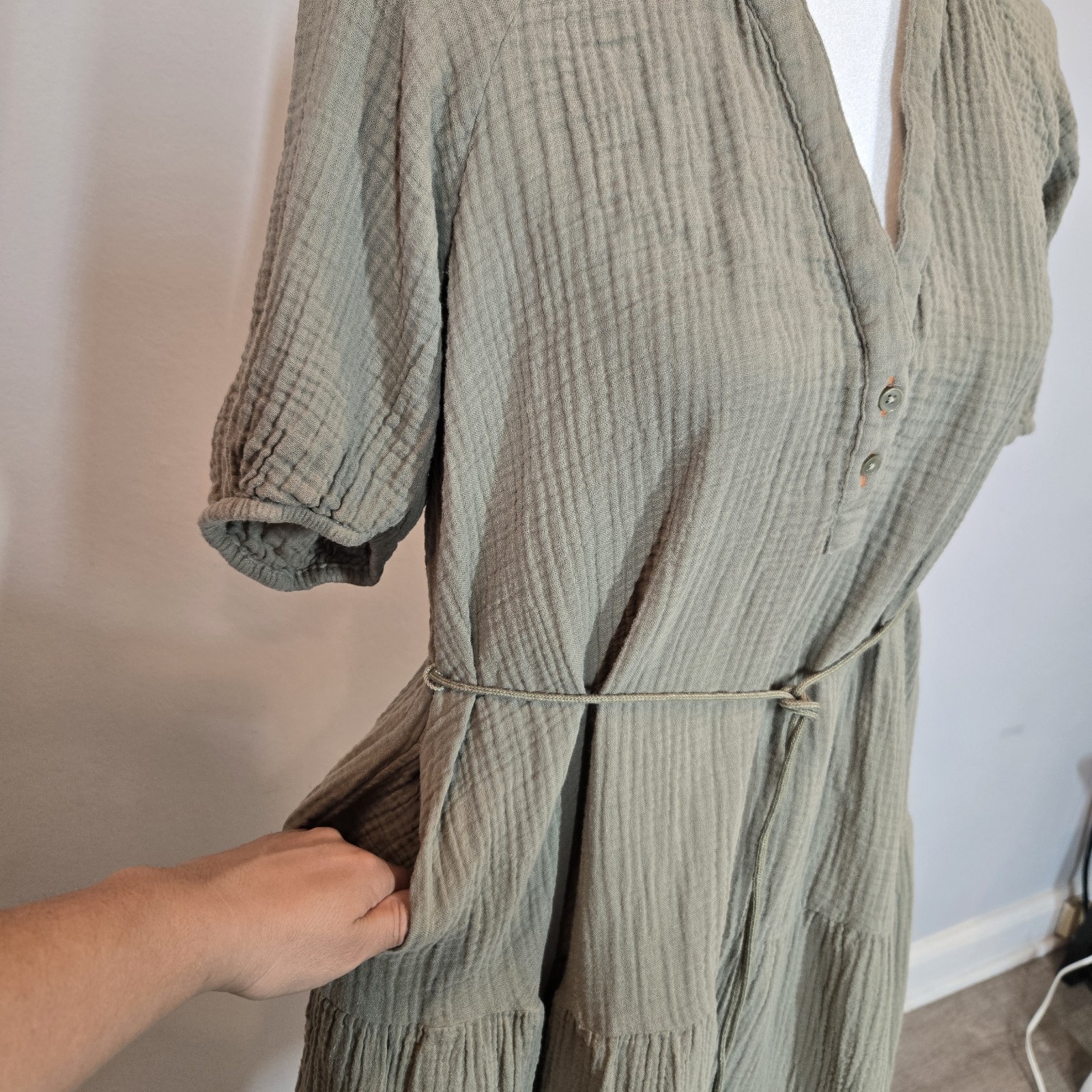 Marks & Spencer Per Una Pure Cotton Textured Notch Neck Tiered Khaki Dress Sz12