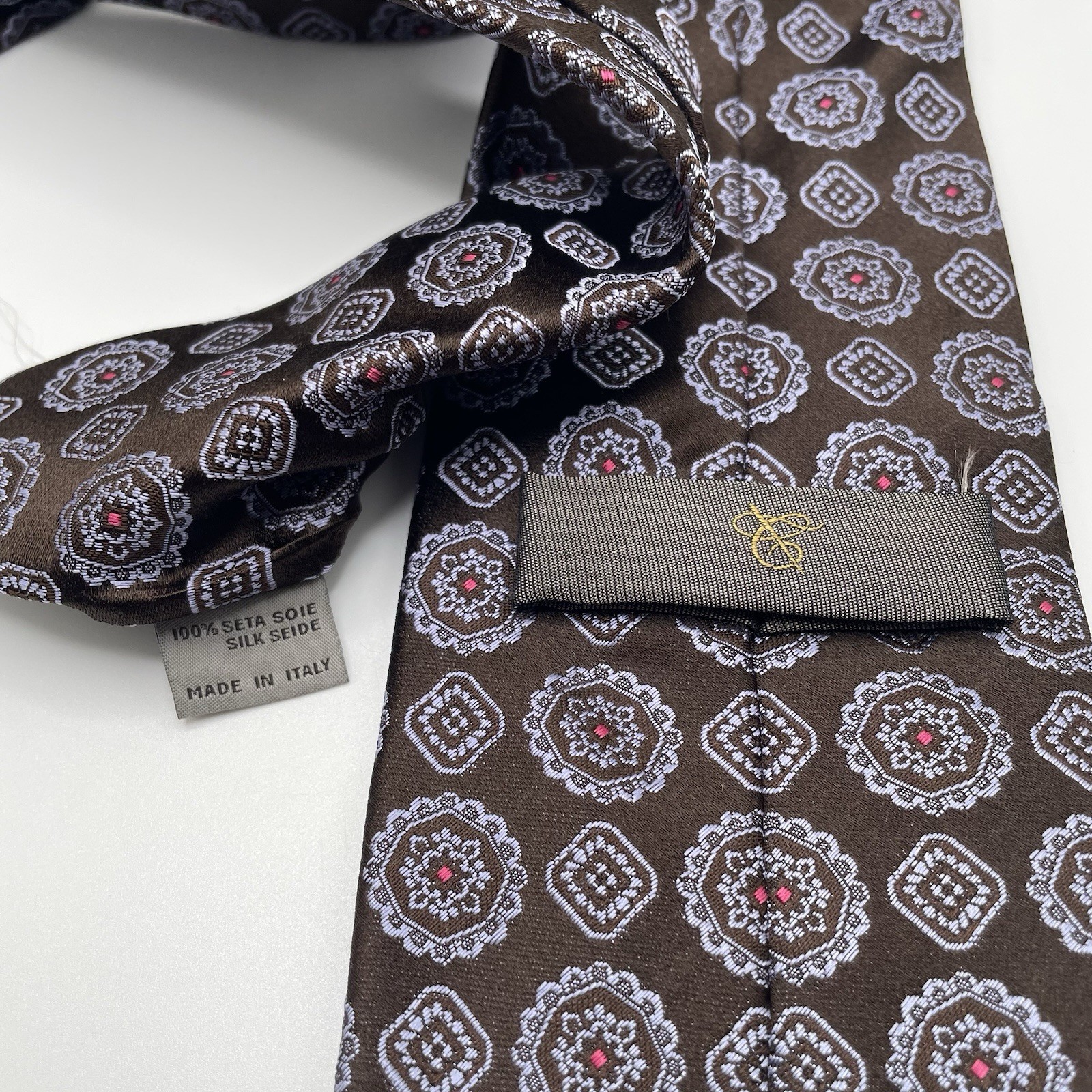 Canali Tie Mens Geometric Brown Designer Made In Italy 3.25”W x 58”L