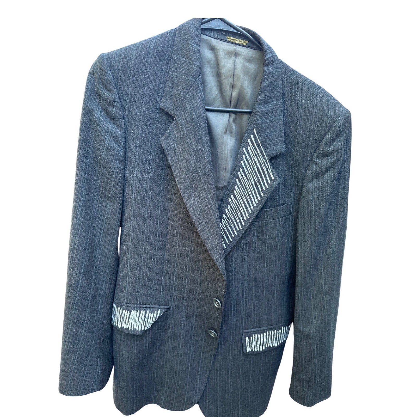 Milano Antons Mens 40S Pure Wool Pinstripe Blazer Embroidered Detail Gray 40