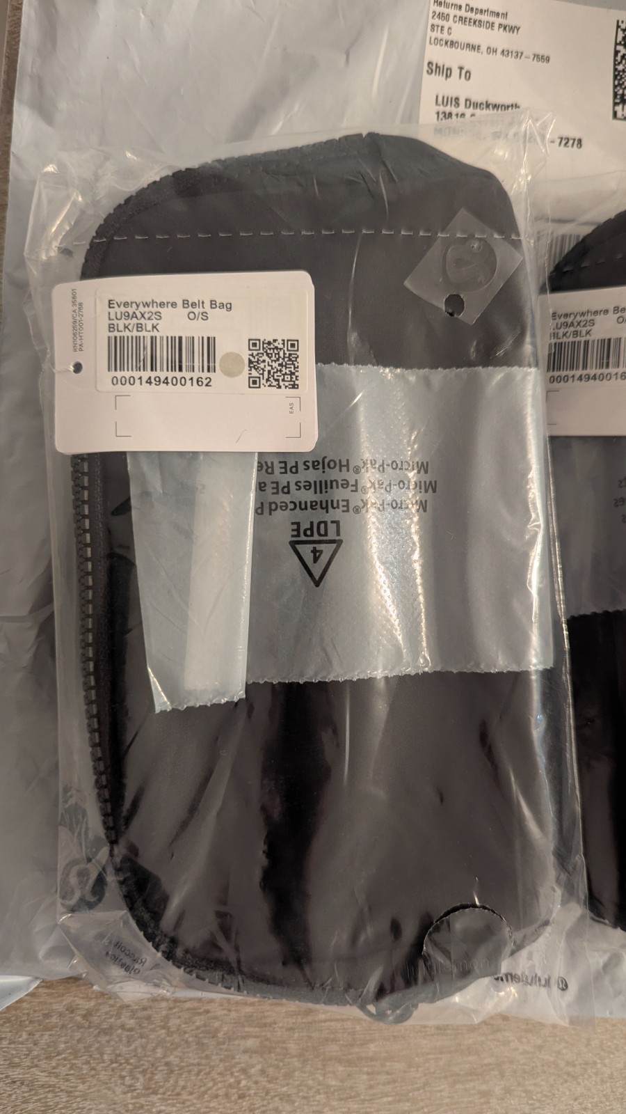 Lululemon Everywhere Belt Bag 1L, Black on Black, New With Tags, in sealed bag