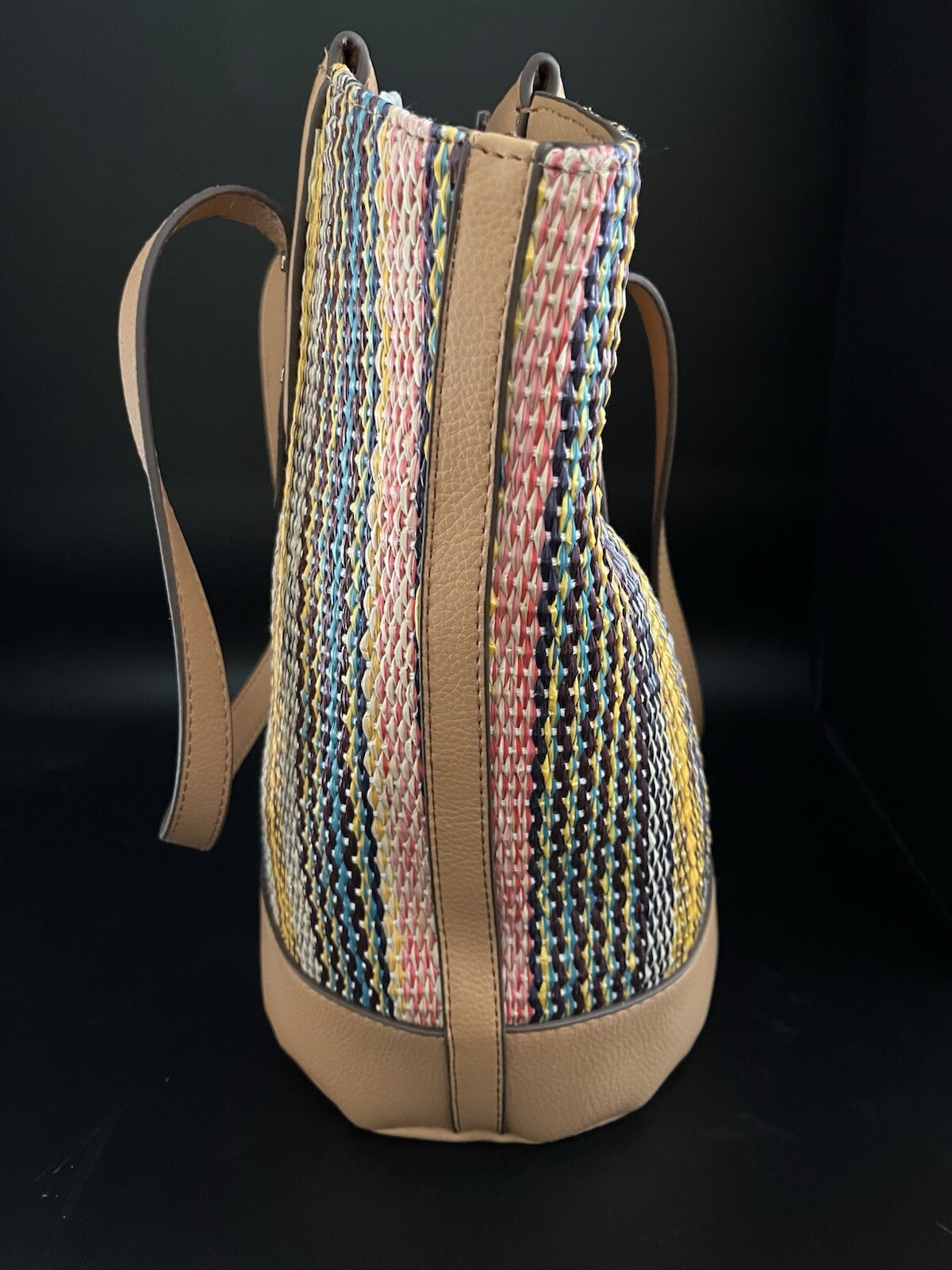 NEW Anne Klein Large Woven Multicolor Camel Curved Tote with Pouch 12.5 x 16 in.