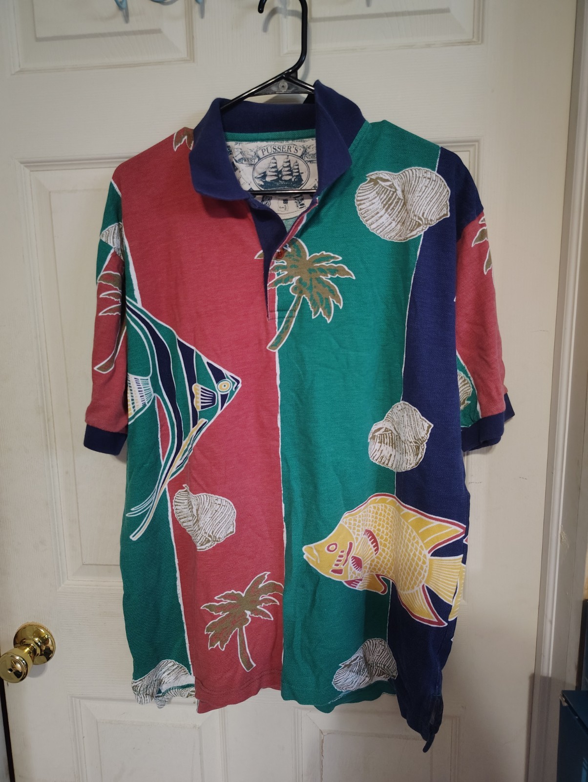 Men’s Pusser’s British West Indies Island Wear Short Sleeve Shirt Sz Large Fish