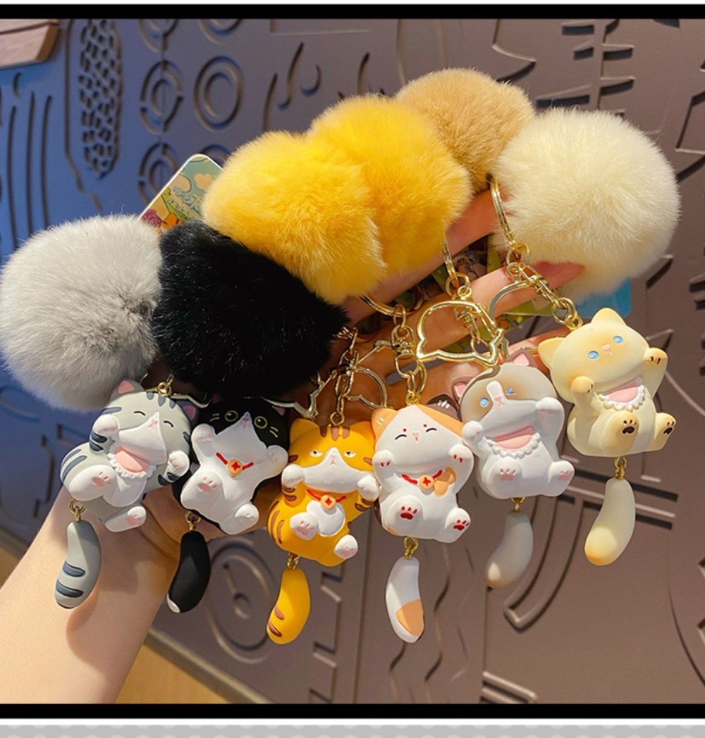Resin cartoon plush ball keychain cow plush doll orange Siamese cat bag pendant