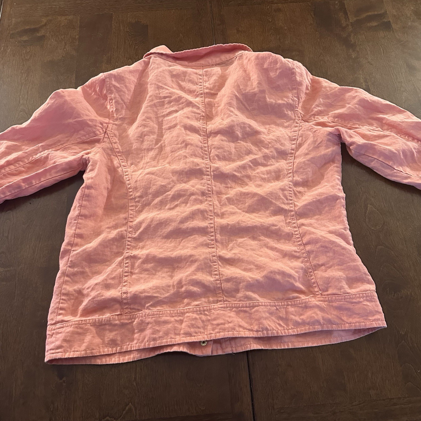 Chico’s Women’s Utility Jacket Cross Dye Linen Pink Snap Button Front Size 1