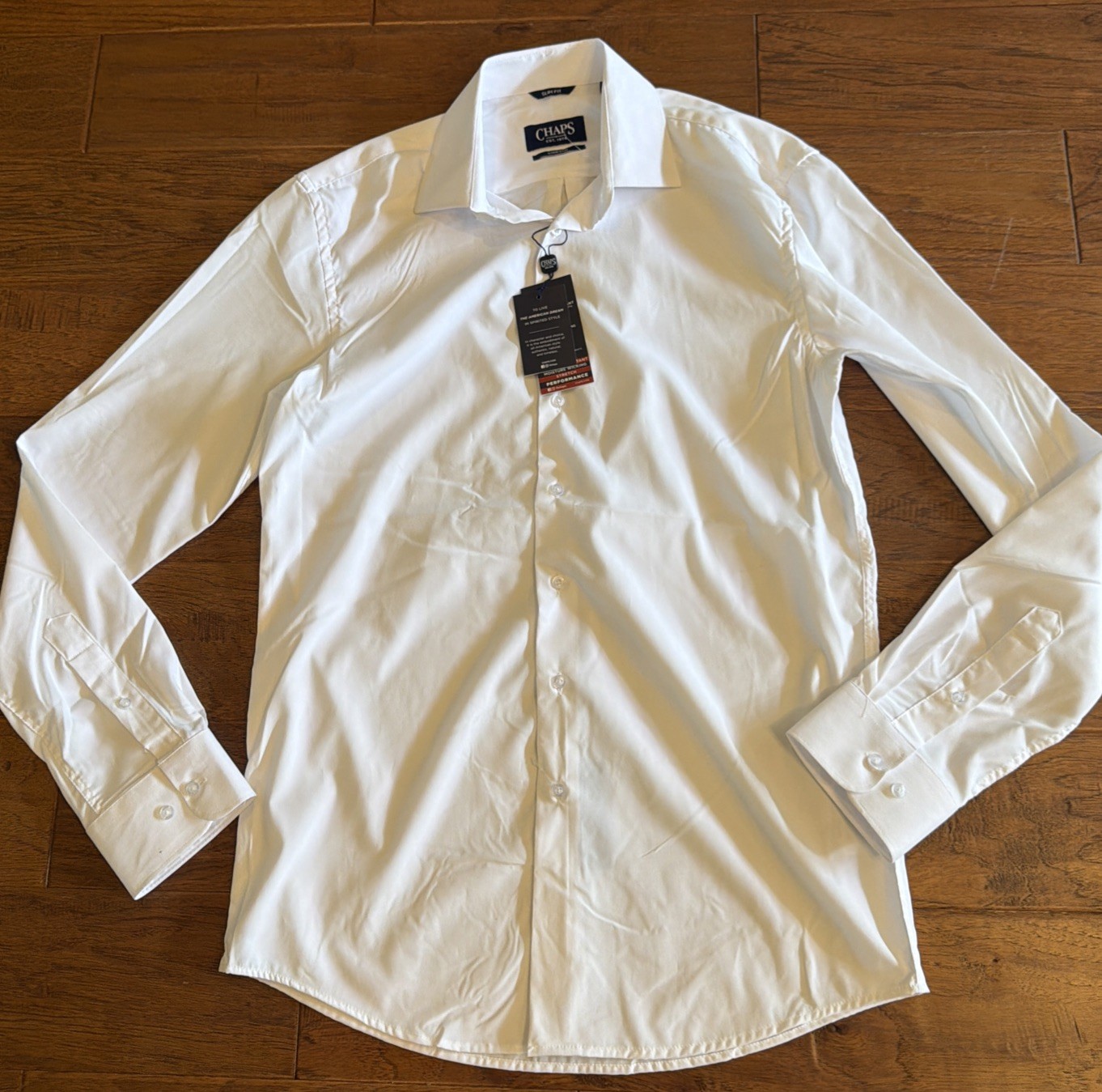 Men’s Solid White Dress Shirt L 16-16.5 34/35 Slim Fit NWT Chaps Stretch