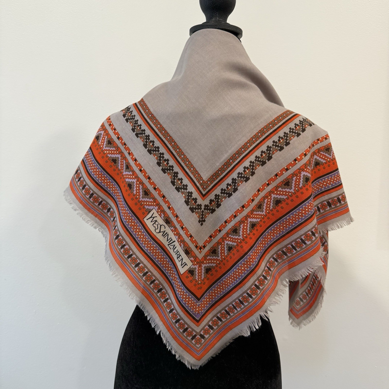 Yves Saint Laurent Silk Scarf Geometric Cream Brown