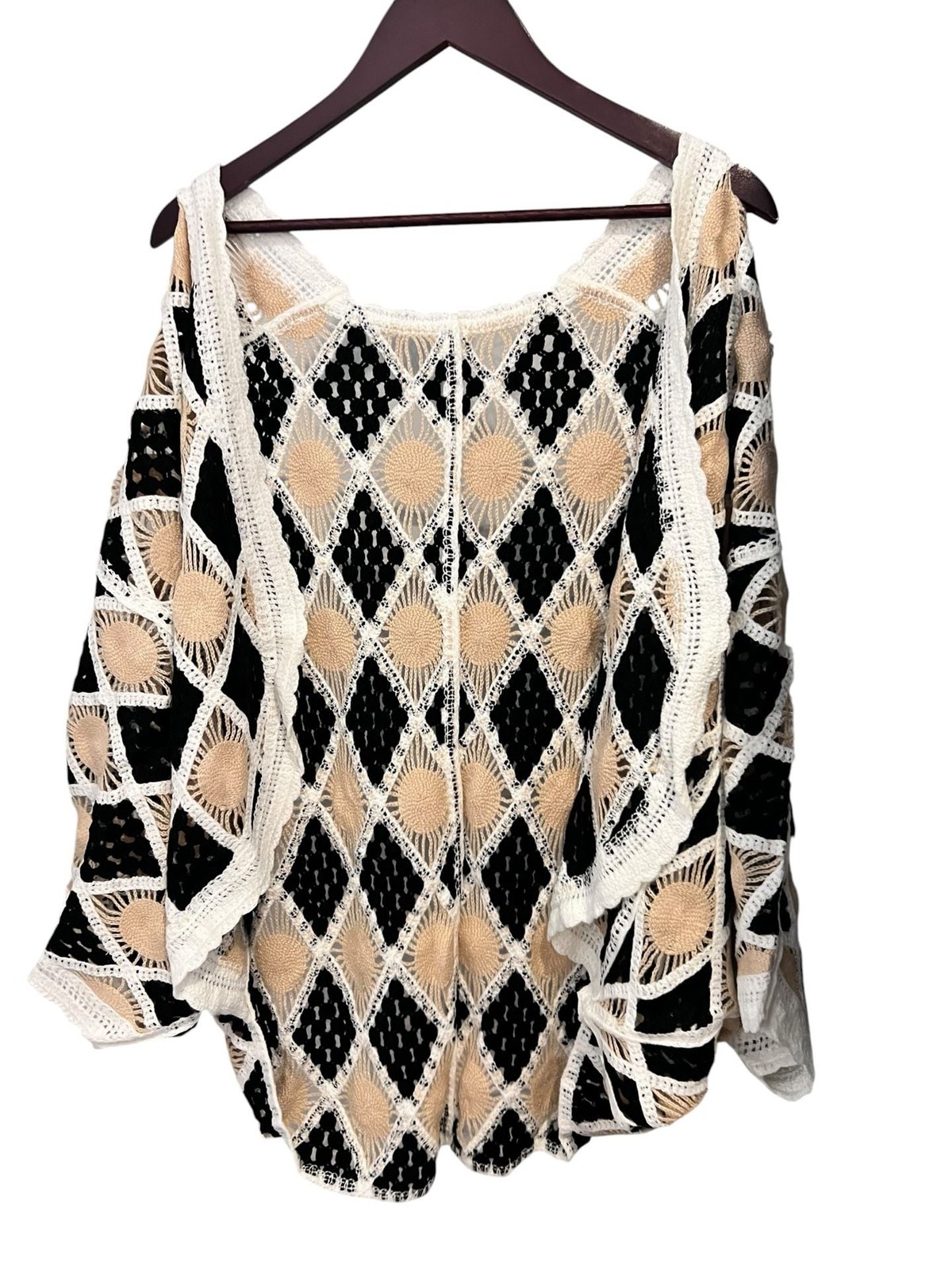 Crochet Open Front Sweater White, Black & Beige Combo Diamond Knit Top