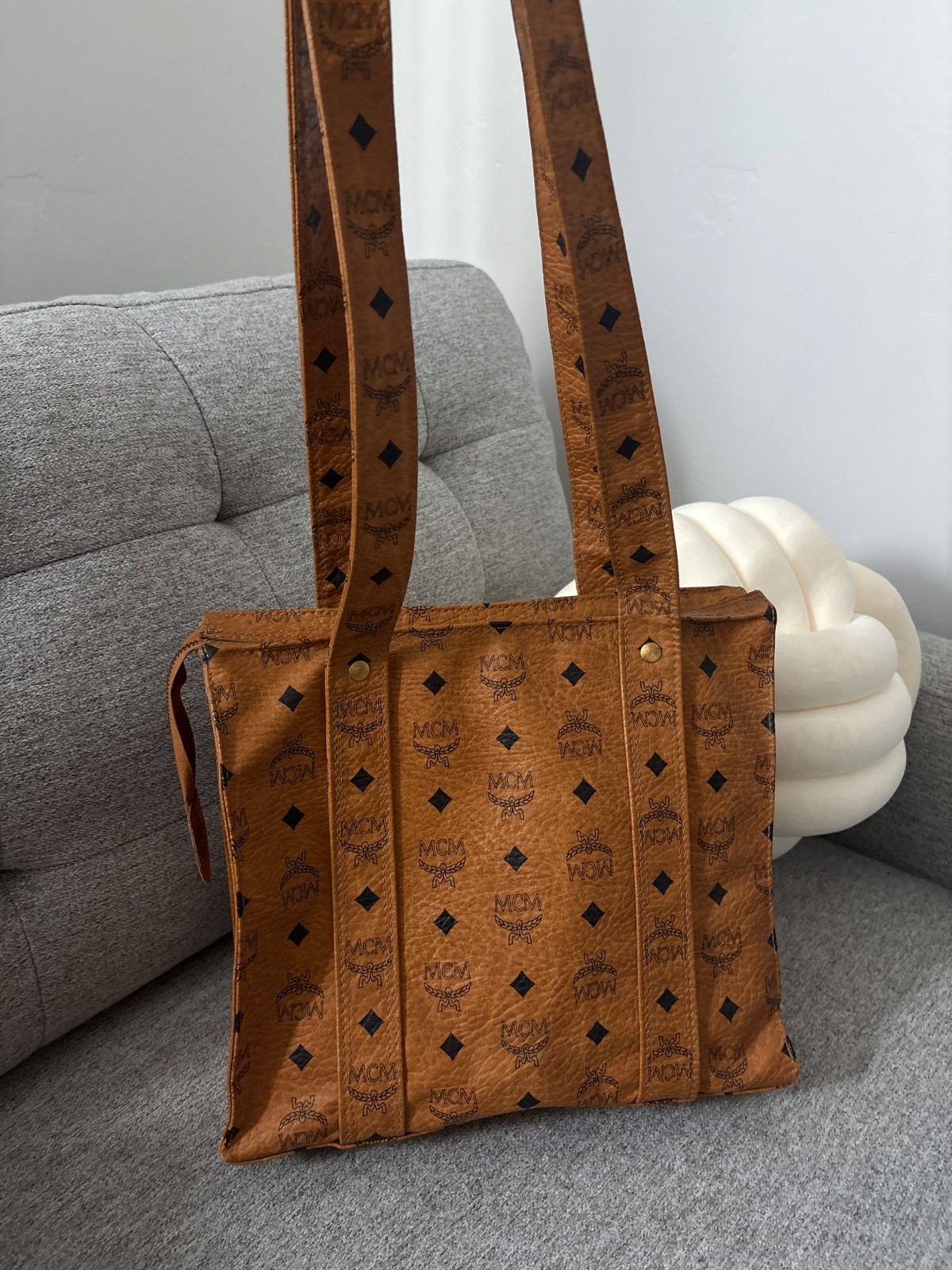 MCM Visetos Cognac Tote Bag Shopper Handbag Brown Monogram Vintage