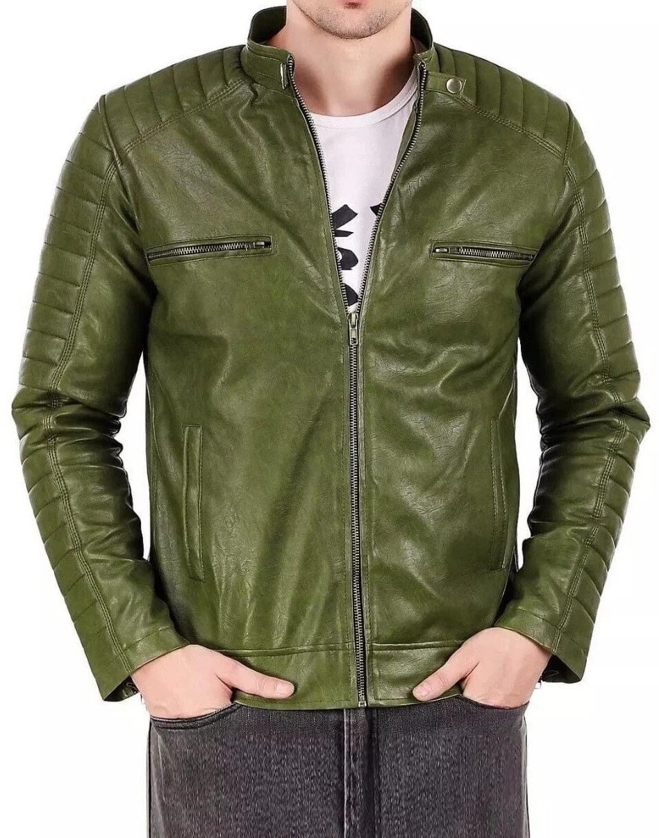 Men’s Olive Green Genuine Lambskin Leather Cafe Racer Quilted Jacket Casual Coat