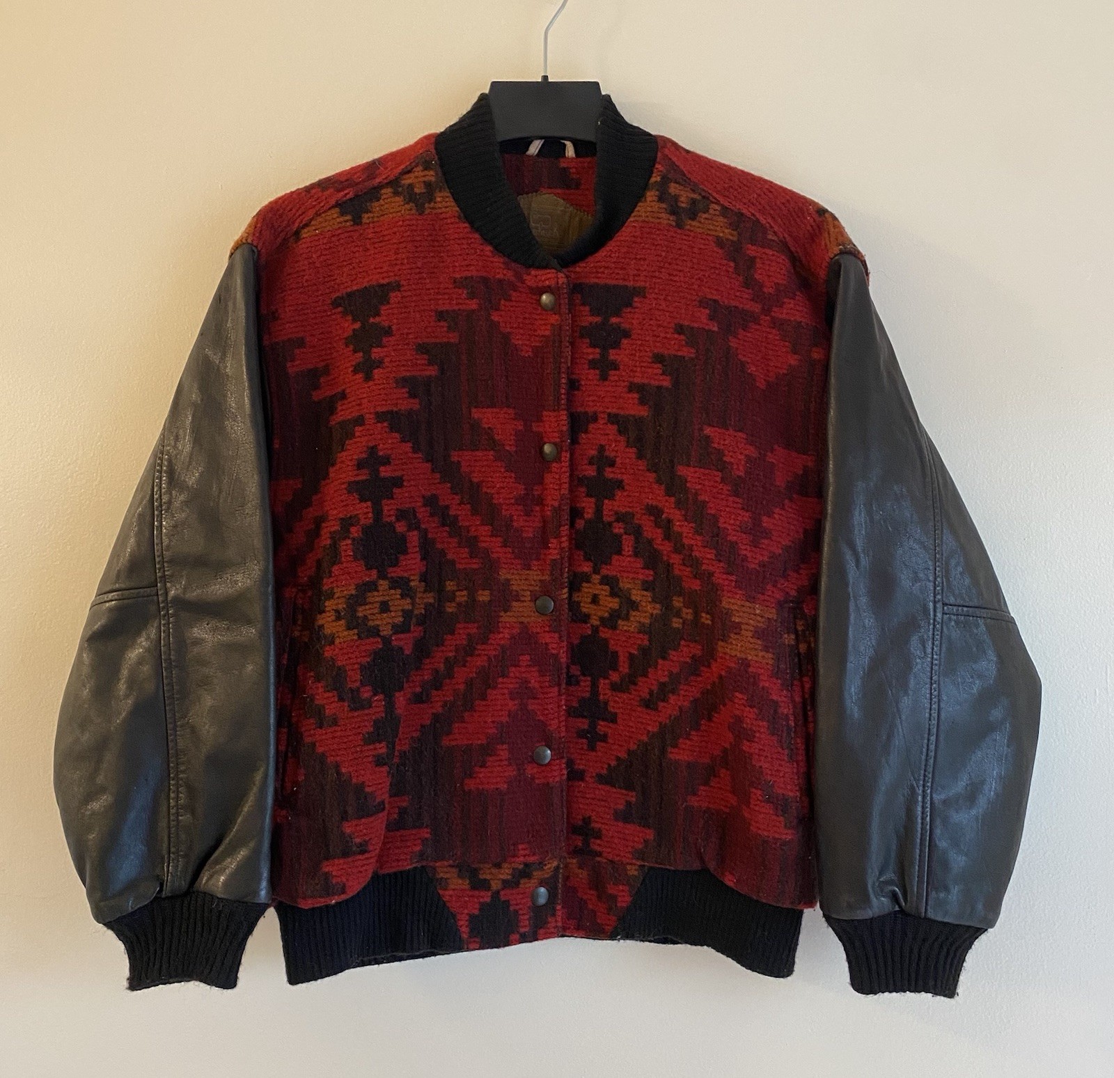 Vintage 90s Woolrich Aztec Jacket Bomber Wool Small USA Southwestern Leather 80s