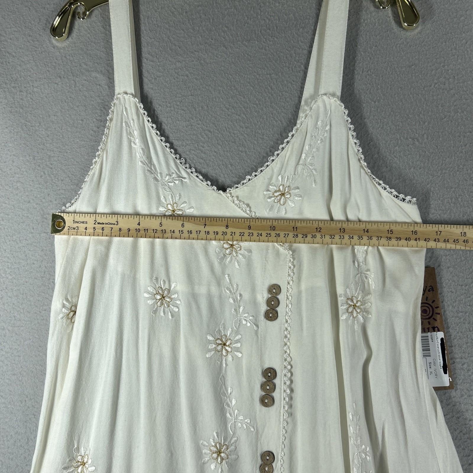 Raya Sun Women’s Size XL Boho Embroidered Sundress Lace Trim Hand Wash Beige 38”