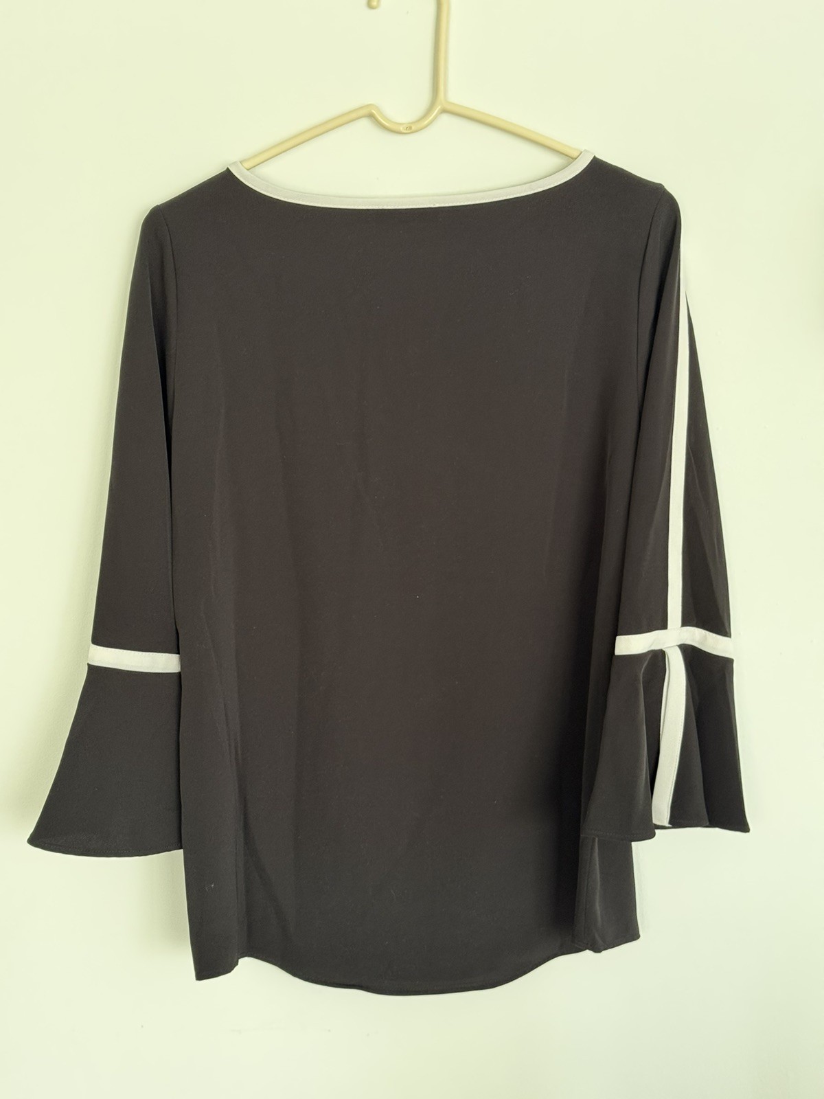 Calvin Klein Black Bell Sleeve Blouse with White Contrast Trim – Size S