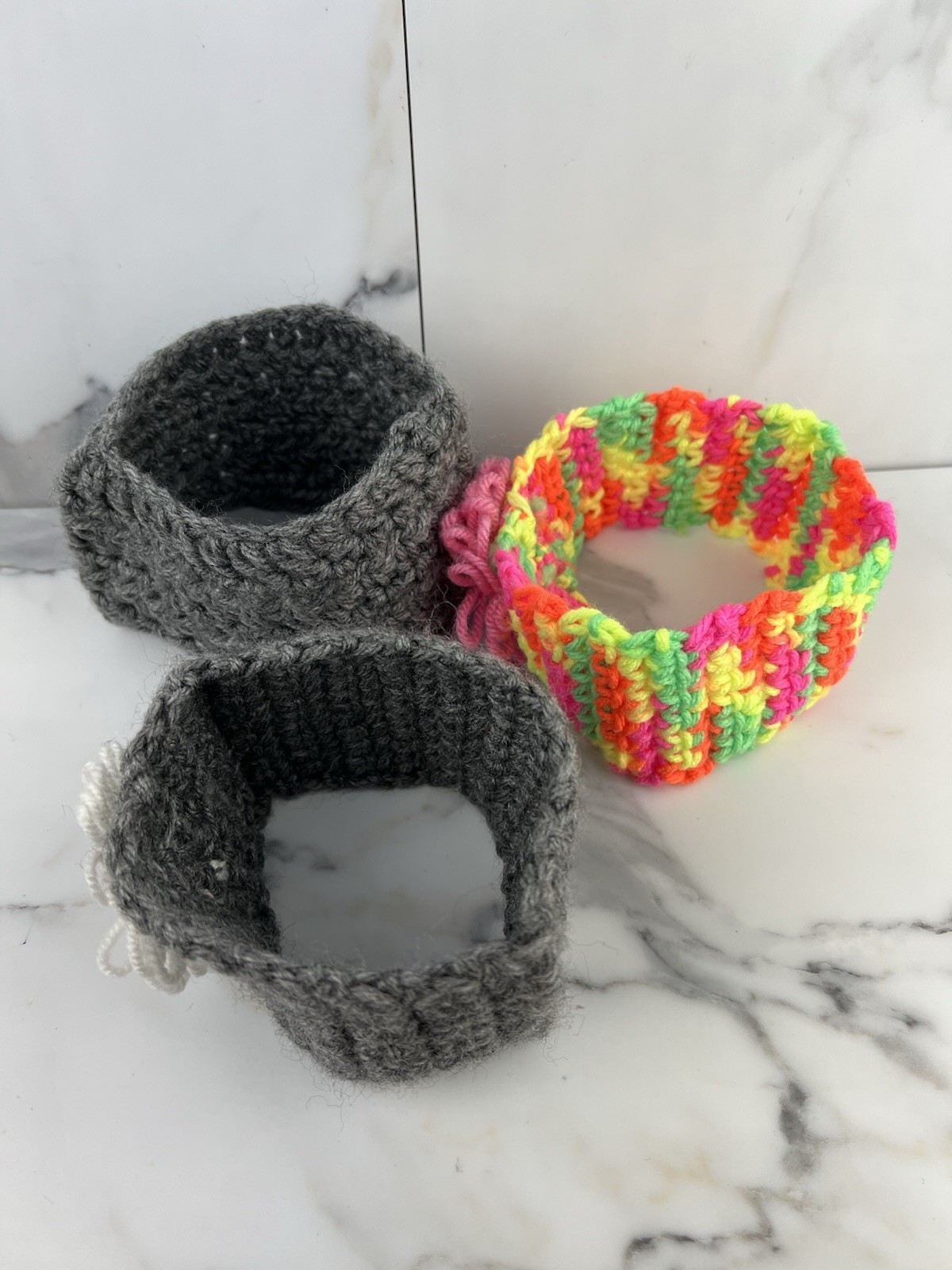 Handmade Crochet Headband Ear Warmer Gray Multicolor Flower Accents Set of 3