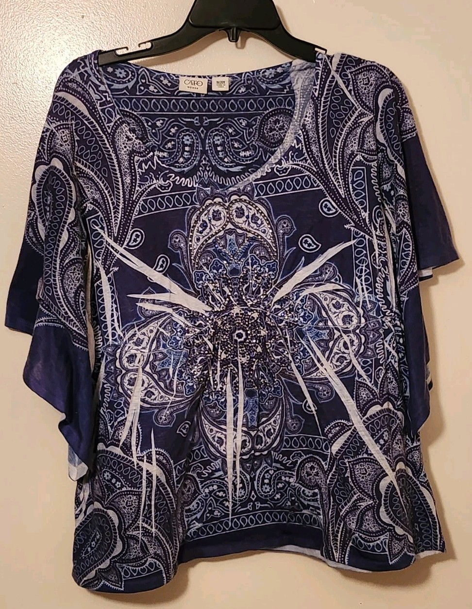 Cato Blouse Blue And White Paisley Sequins Sz 18/20w Butterfly Sleeves