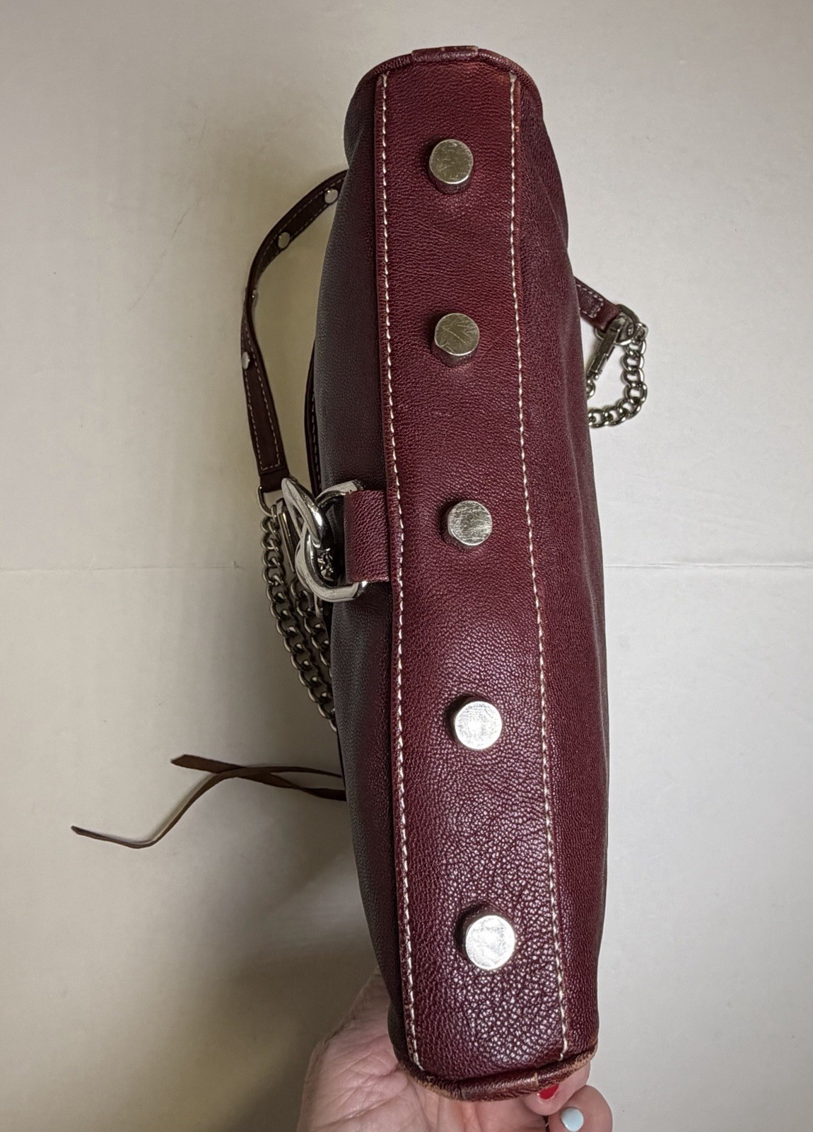 Rebecca Minkoff Mini Mac Crossbody Bag Maroon Leather Purse Chain Strap Studded