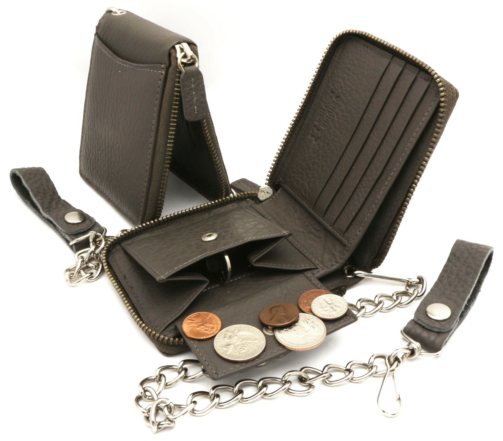 Bifold Gray Genuine Leather Scale Texture Zip-Around Wallet with a Chain