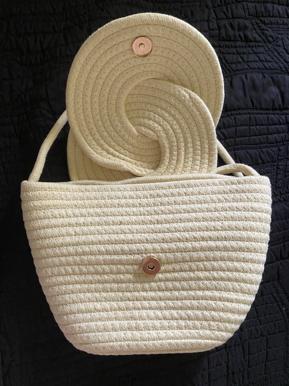 Ivory Woven Shoulder Bag w/ Shoulder Strap, Button Closure, Gold Hardware