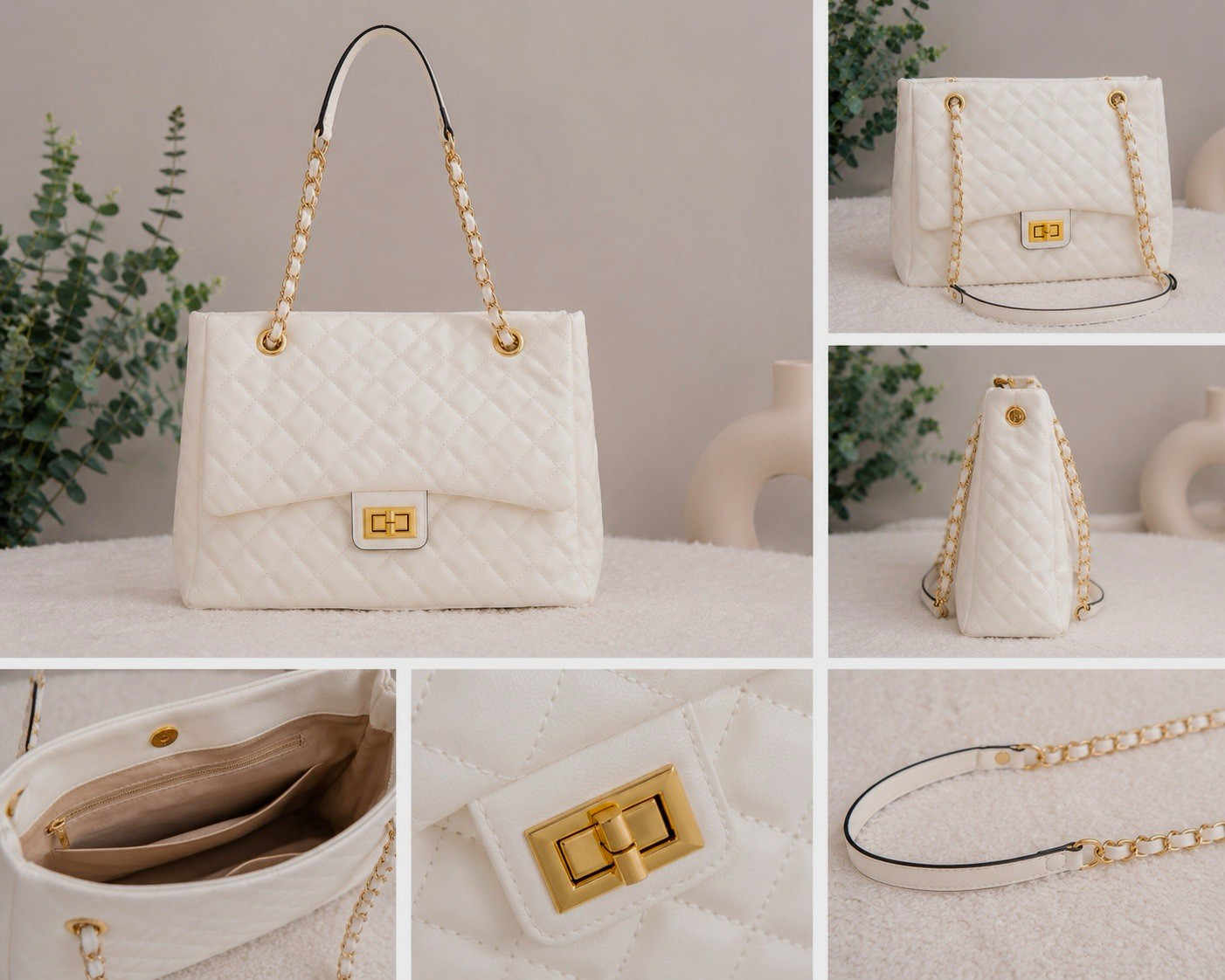 Women’s Ivory Quilted Shoulder Bag Gold Chain Strap Turn Lock Zip, Detach Strap