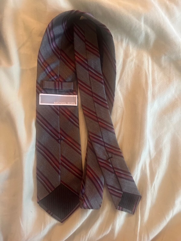 Michael Kors Silk Tie Grey, Burgundy, Dark Maroon & White Dots Stripe 3.25 X 59