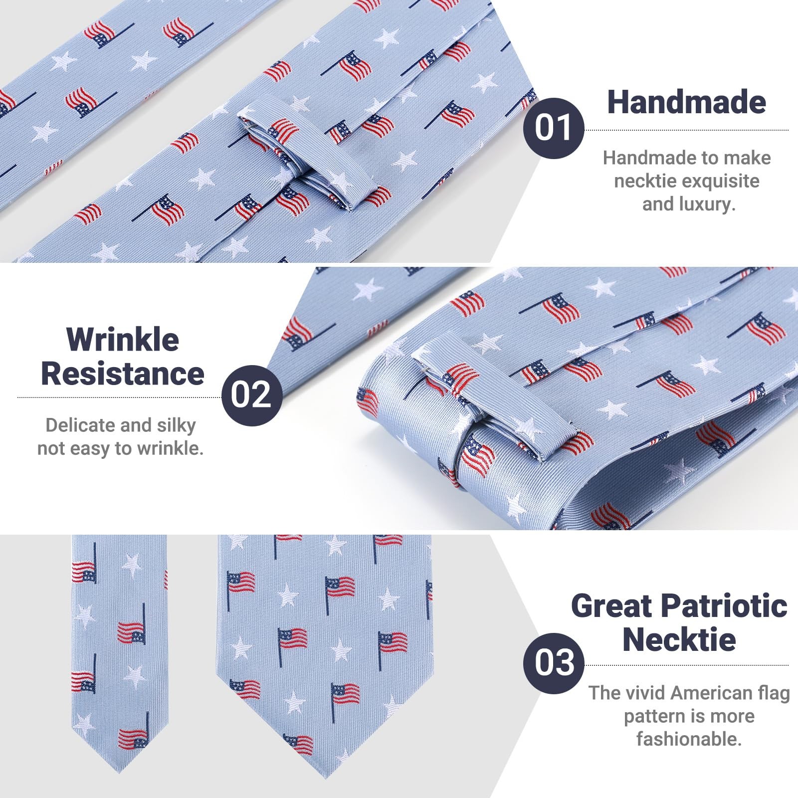 Men’s American Flag Tie Set 3.27″ (8.3CM) USA Flag Neckties and Pocket Sky Blue