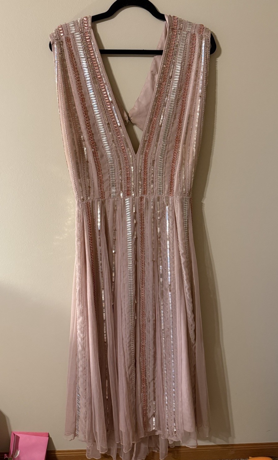 ASOS Pink Sequin Tulle V-Neck Sleeveless Open Back Lined Zip Midi Dress US 14