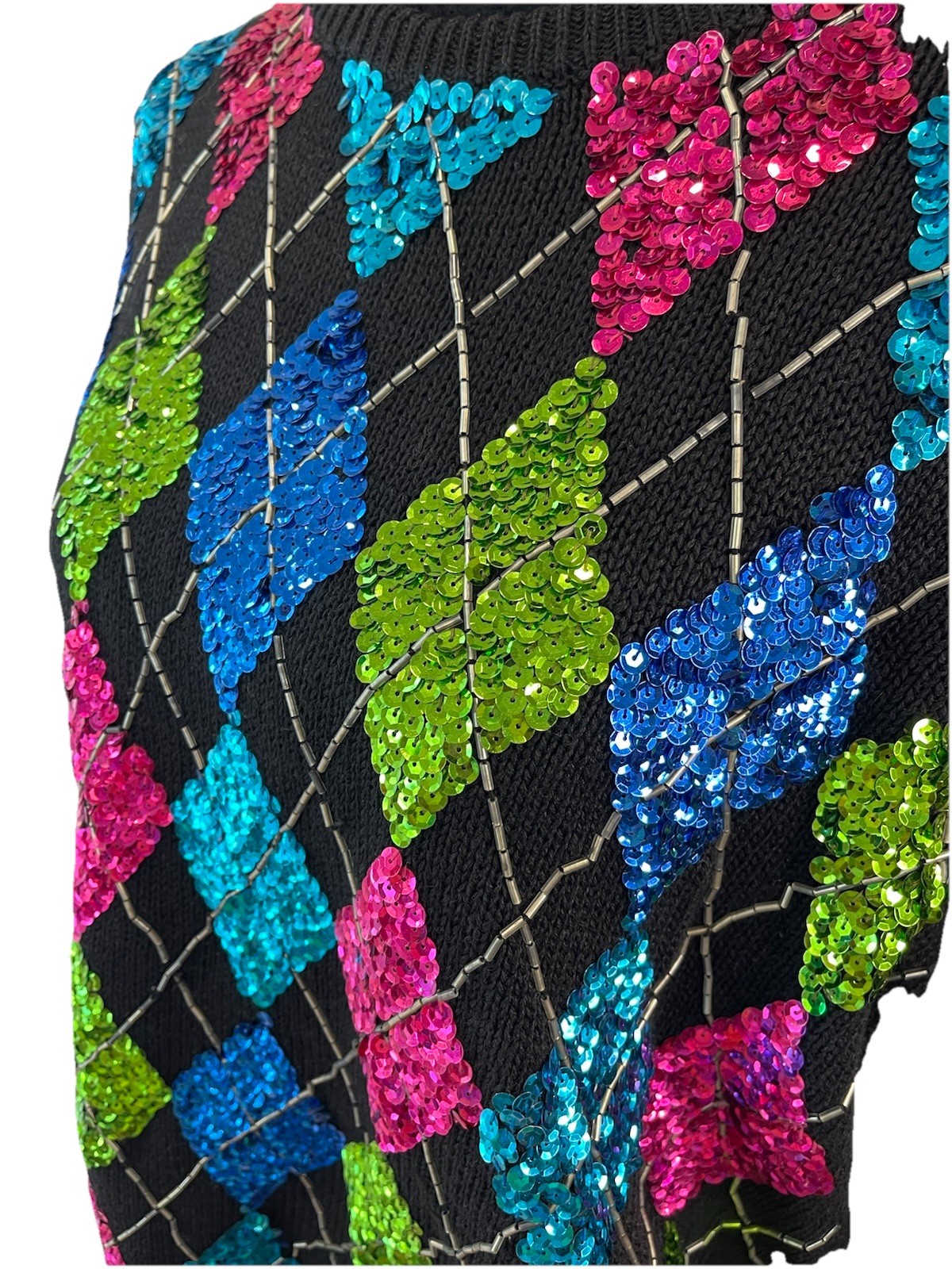 Eminent 1980s Colorful Argyle Sequined Ladies Sweater Size Medium Cotton Blend