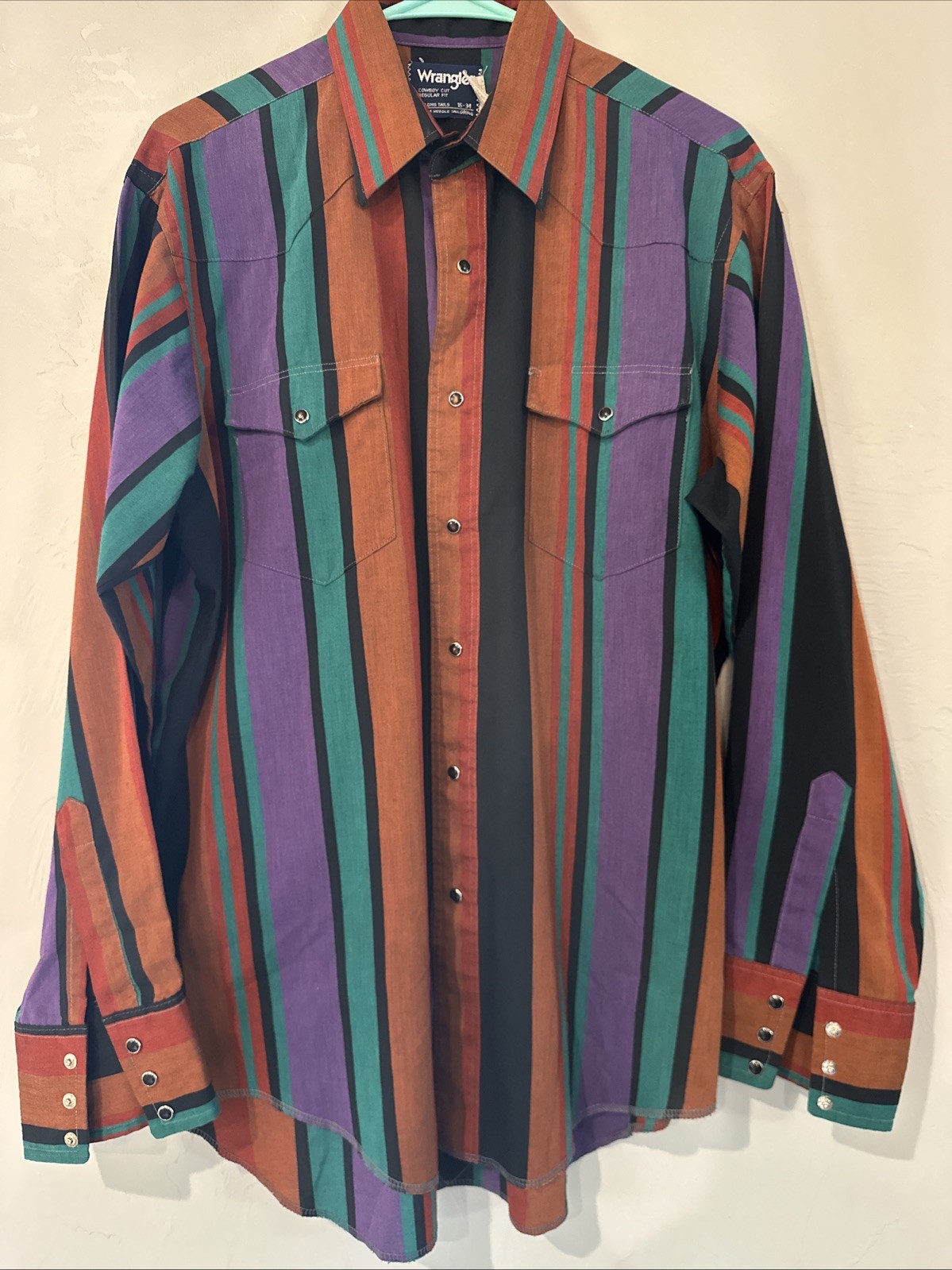 Vtg 90s Wrangler Brushpopper Western Shirt 16-34 X-Long Tails Striped Pearl Snap