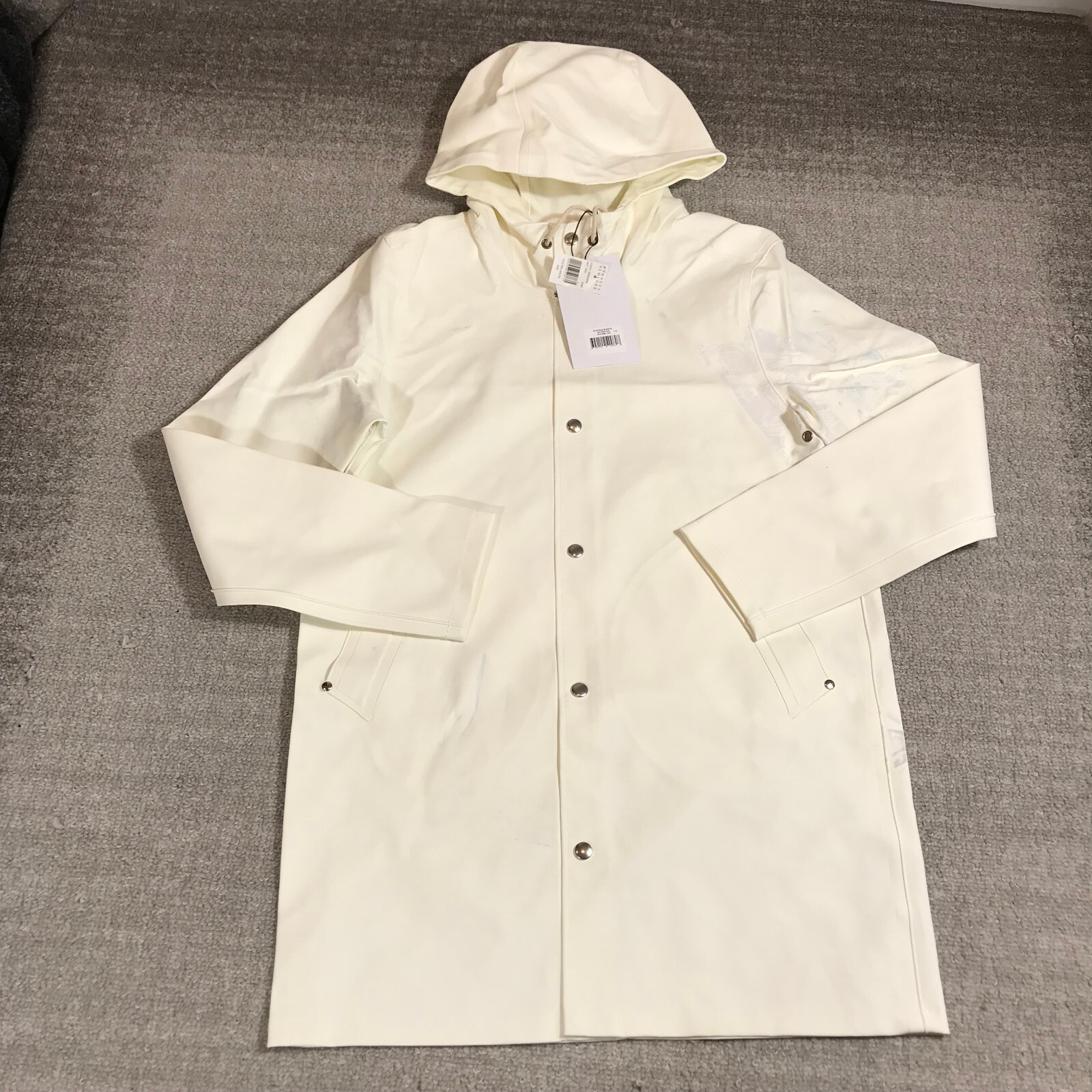 Stutterheim Stockholm Jacket Mens 2XS XXS Raincoat Hoodie Unisex White Thrased