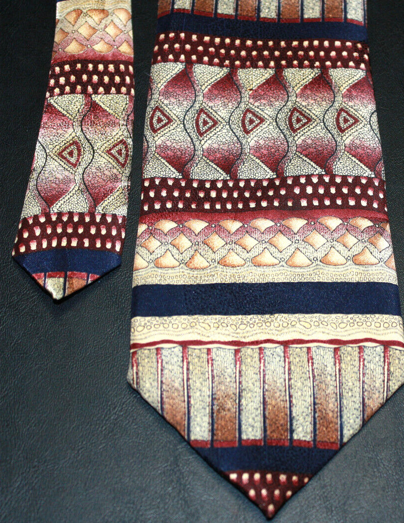 Prima Imported All Silk Men’s Necktie Maroon Blue Geometric 3.75″ x 59″