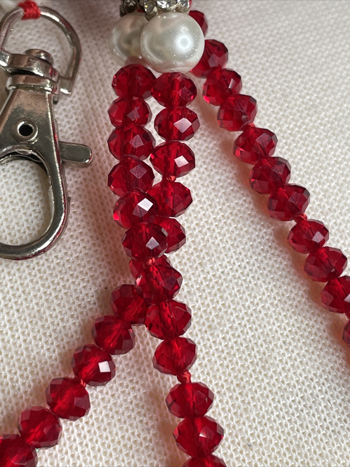 Crystal Lanyard Or Eyeglass Chain Red Crystal Pearl Rhinestone Beads 34” Strand