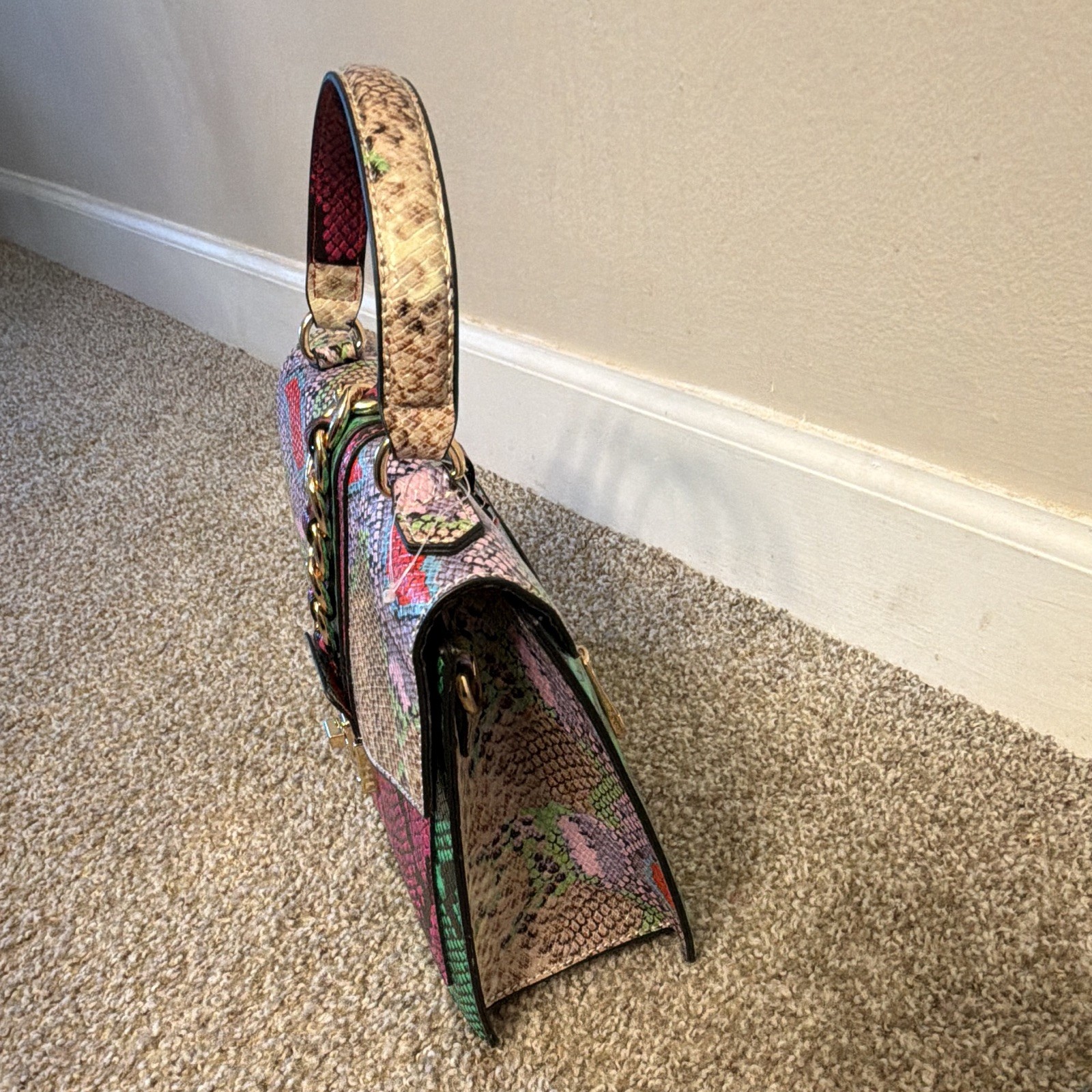 Women’s Multicolor Snake Print Satchel Top Handle, Gold Tone Chain Turn Lock