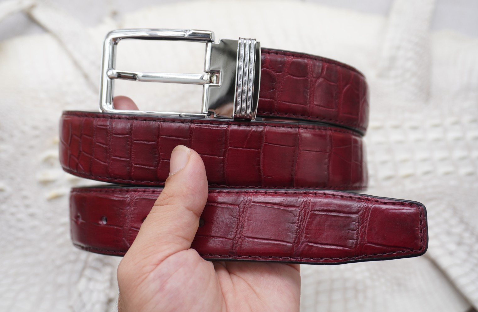 W 1.3 inch- Burgundy Genuine CROCODILE Belly LEATHER Skin Men’s Belt #Y30