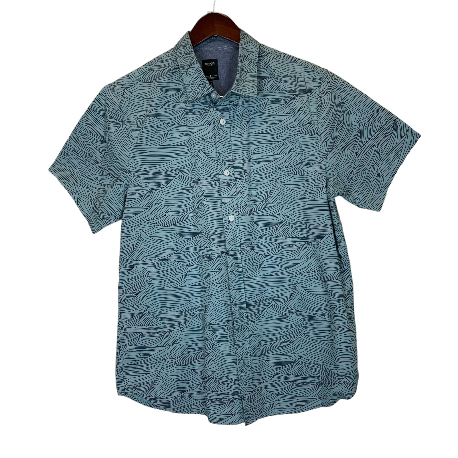 Mens Shirt Button Front Green Waves Print Short Sleeve Pocket SZ LG Union Sea Wa