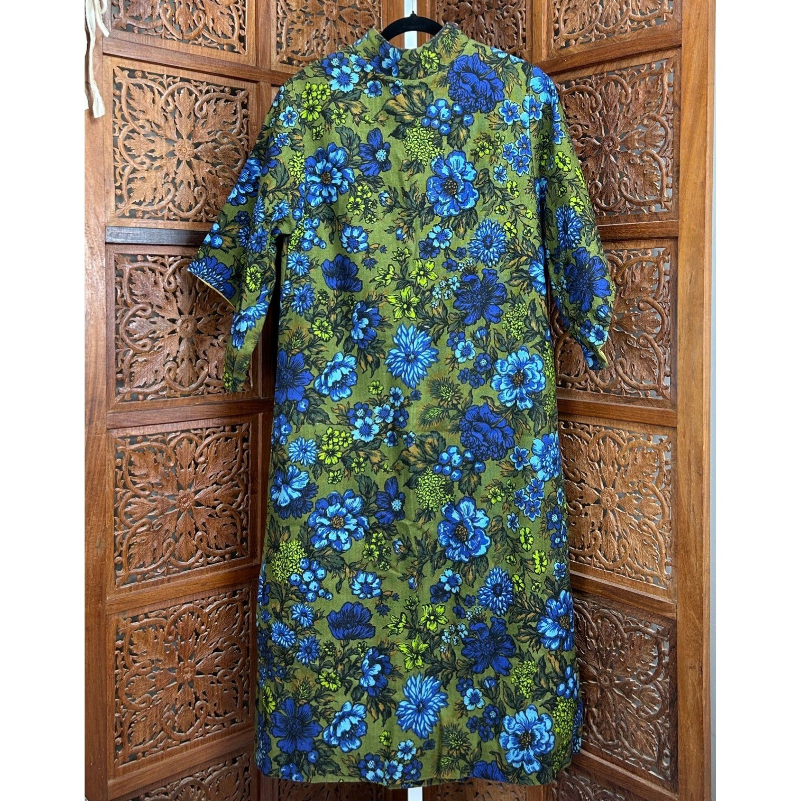 Vintage Mod MCM Blue Green Floral Shift Dress 60s Mid Century Boho Medium