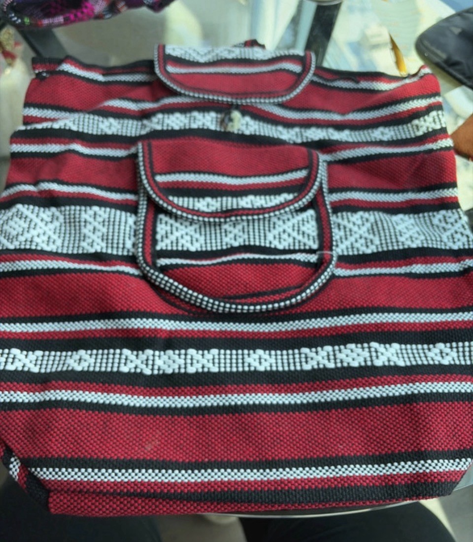 Red Black White Striped Rectangle Tote Bag Double Handles Strap Accent