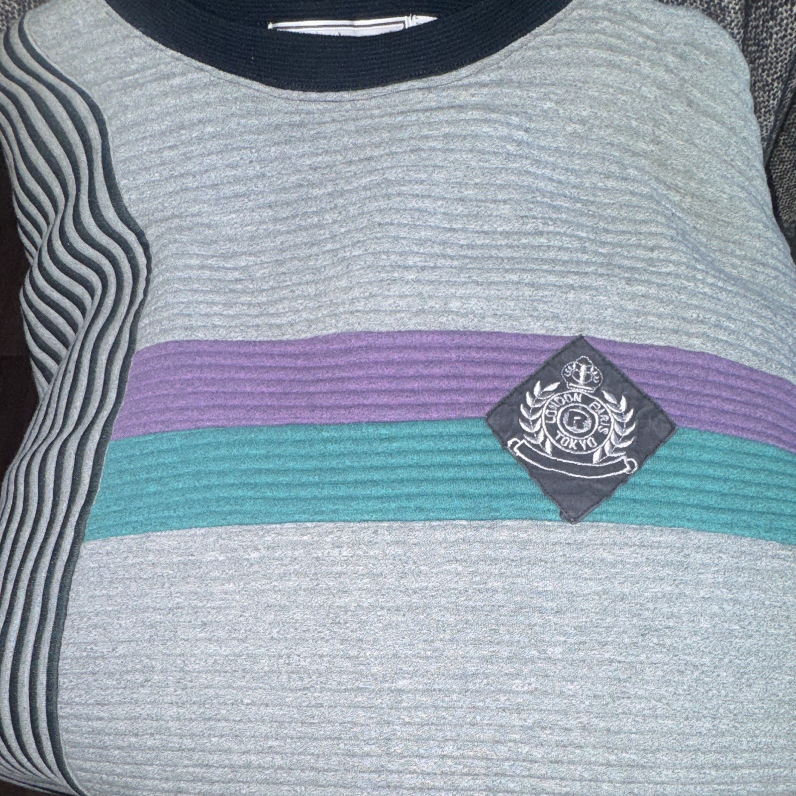 Piccardo Men’s L Gray Striped Crew Neck Rib-Knit Pullover Sweater Poly/Cotton