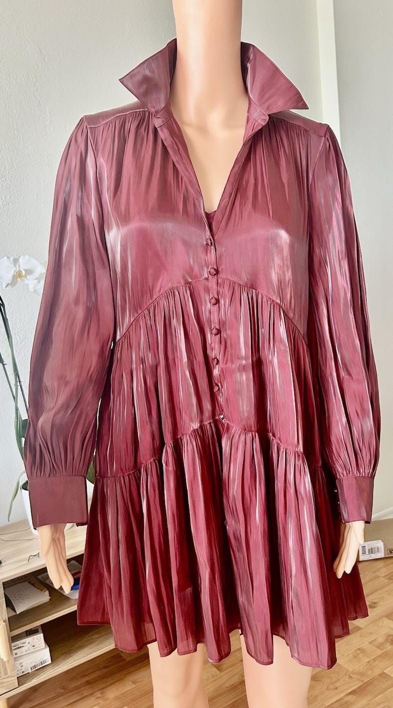 Cinq à Sept Burgundy Satin Slip Dress Collared Long Sleeve Button Front Short S