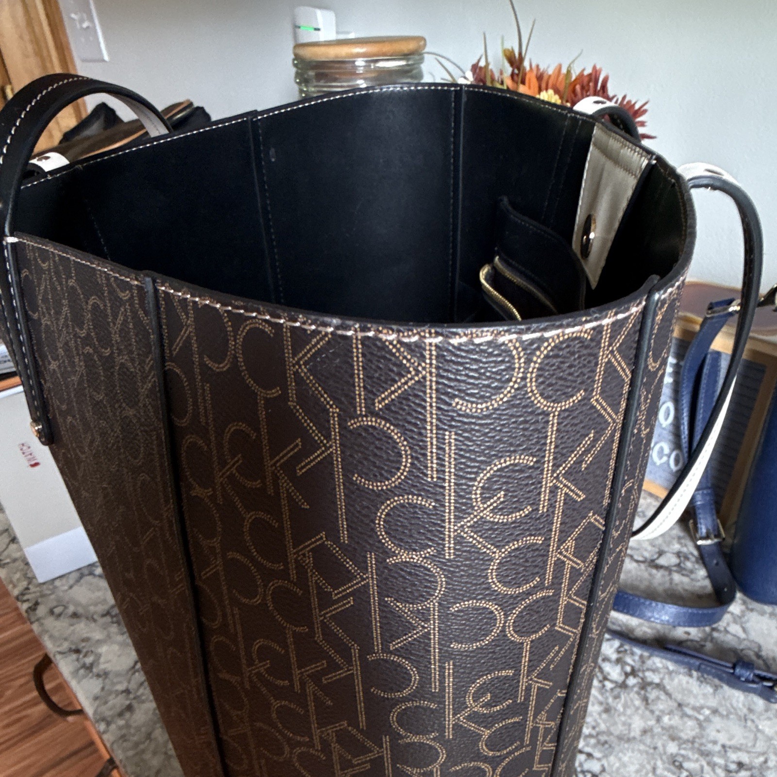 Calvin Klein Women’s Monogram Tote Bag Brown Black Large w/ Detachable Strap