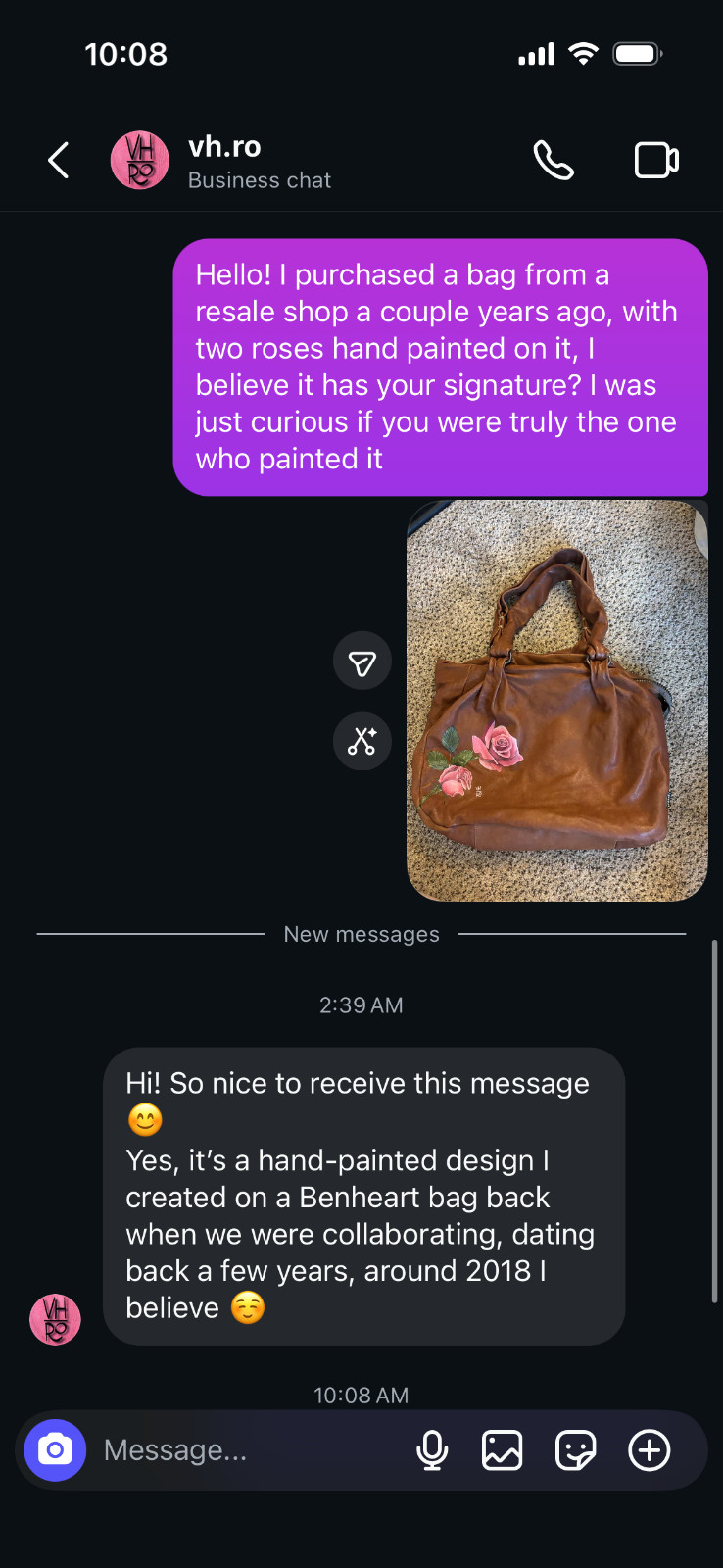 Women’s Benheart italian leather medium size shoulder bag hand painted by VH/RO
