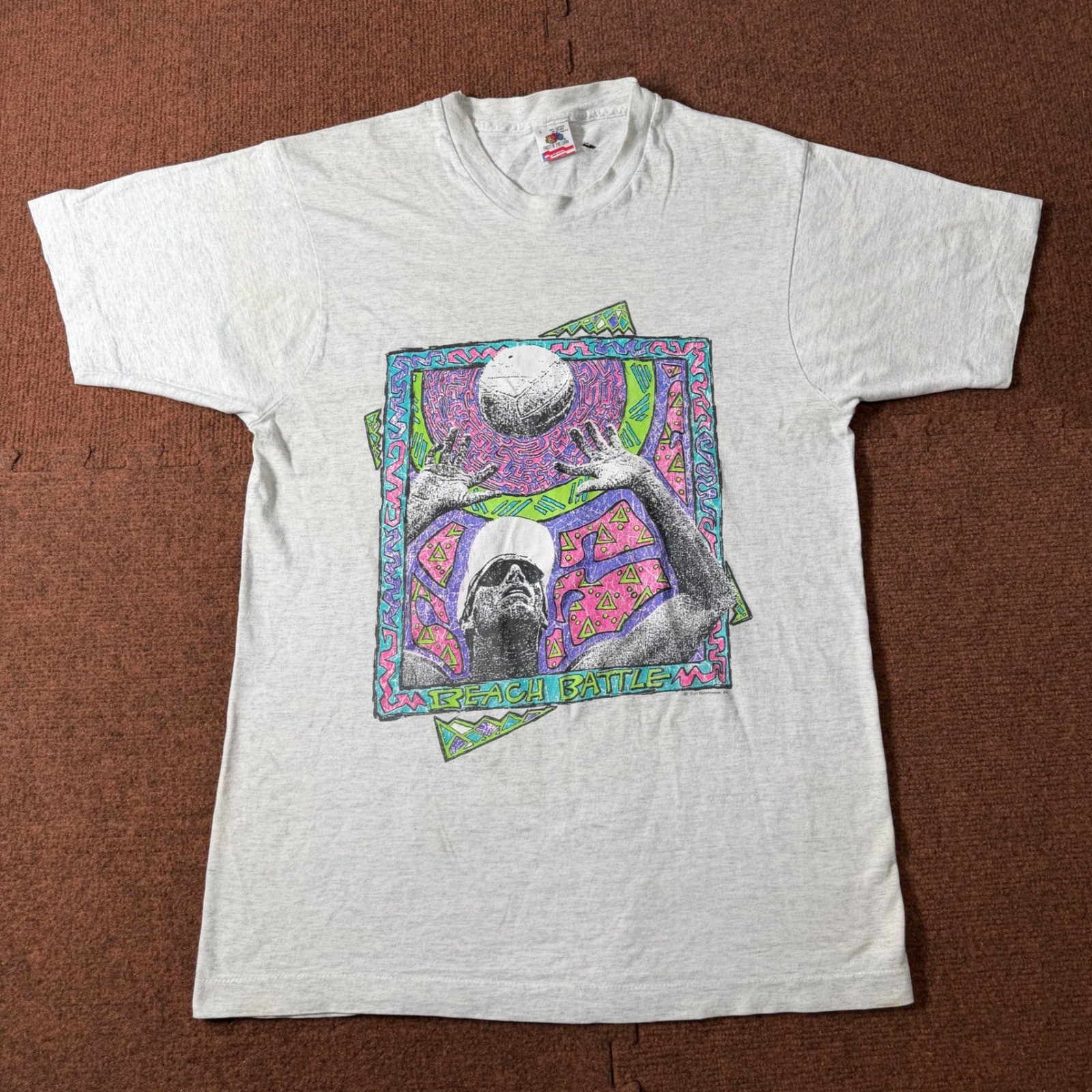 Vintage 90s Sun Sportswear Beach Battle T-Shirt Mens Large Gray Volleyball USA