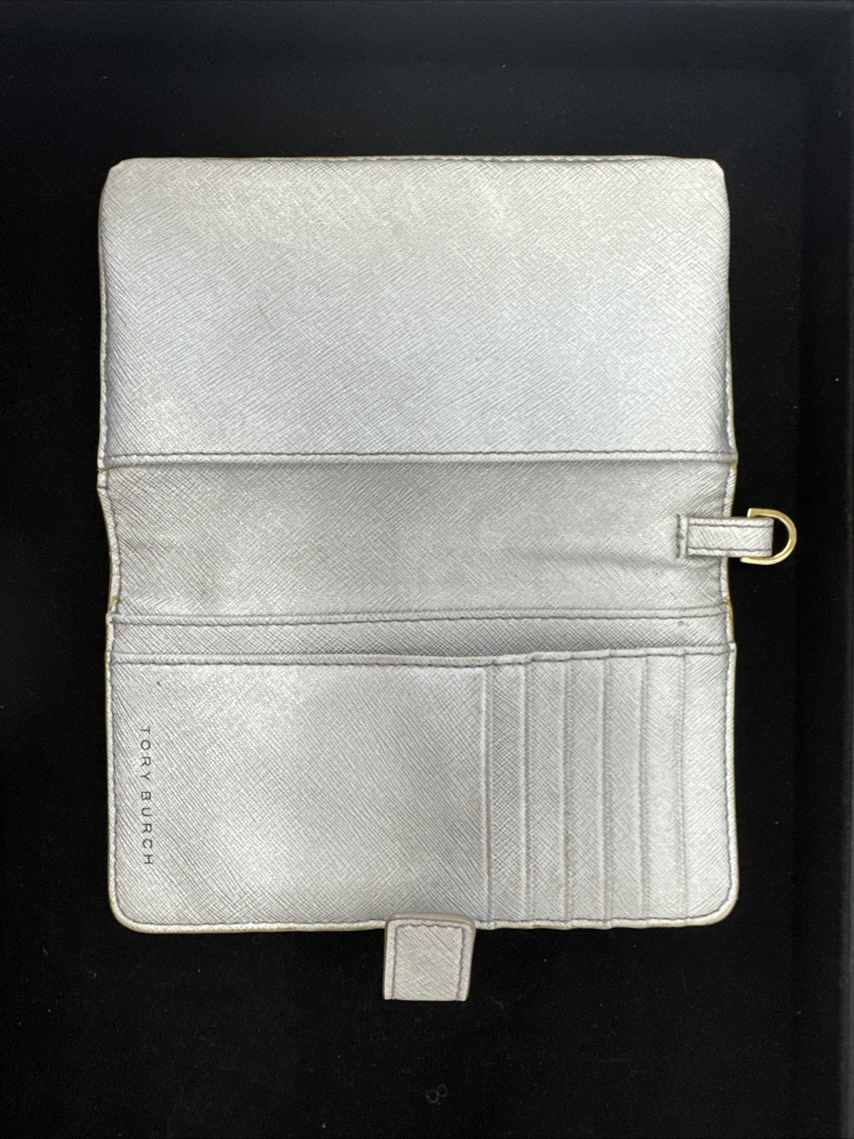 Tory Burch Wallet Coin Purse Card Holder Keychain Silver Leather