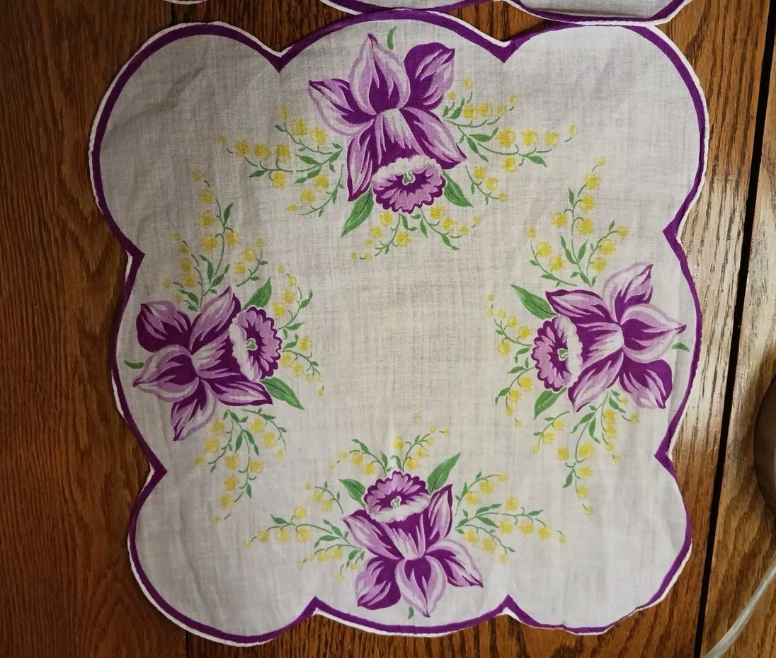 2 Vintage Ladies Hankies -Pretty Purple Irises. 11 X 11.5 in. Nice Condition.