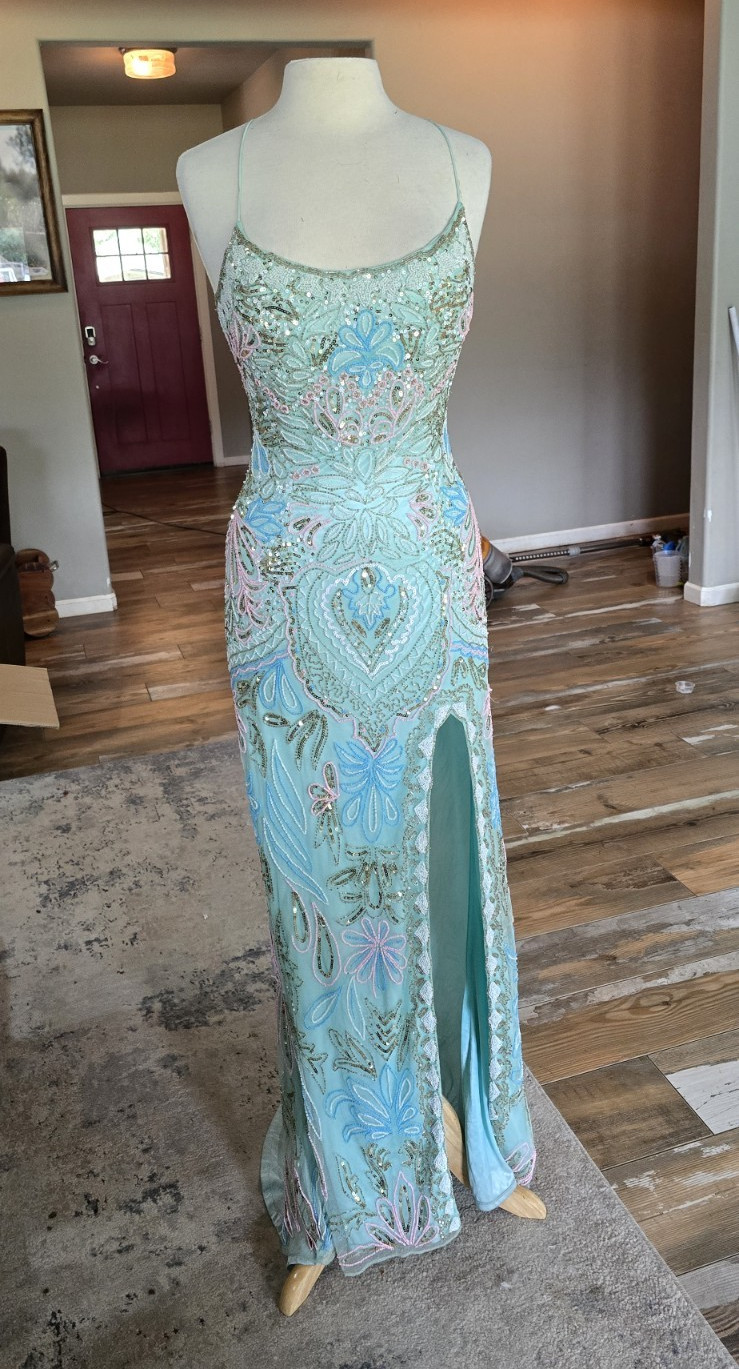 Light Blue Beaded Sequin Sweetheart Backless Long Gown Size M-8 Primavera