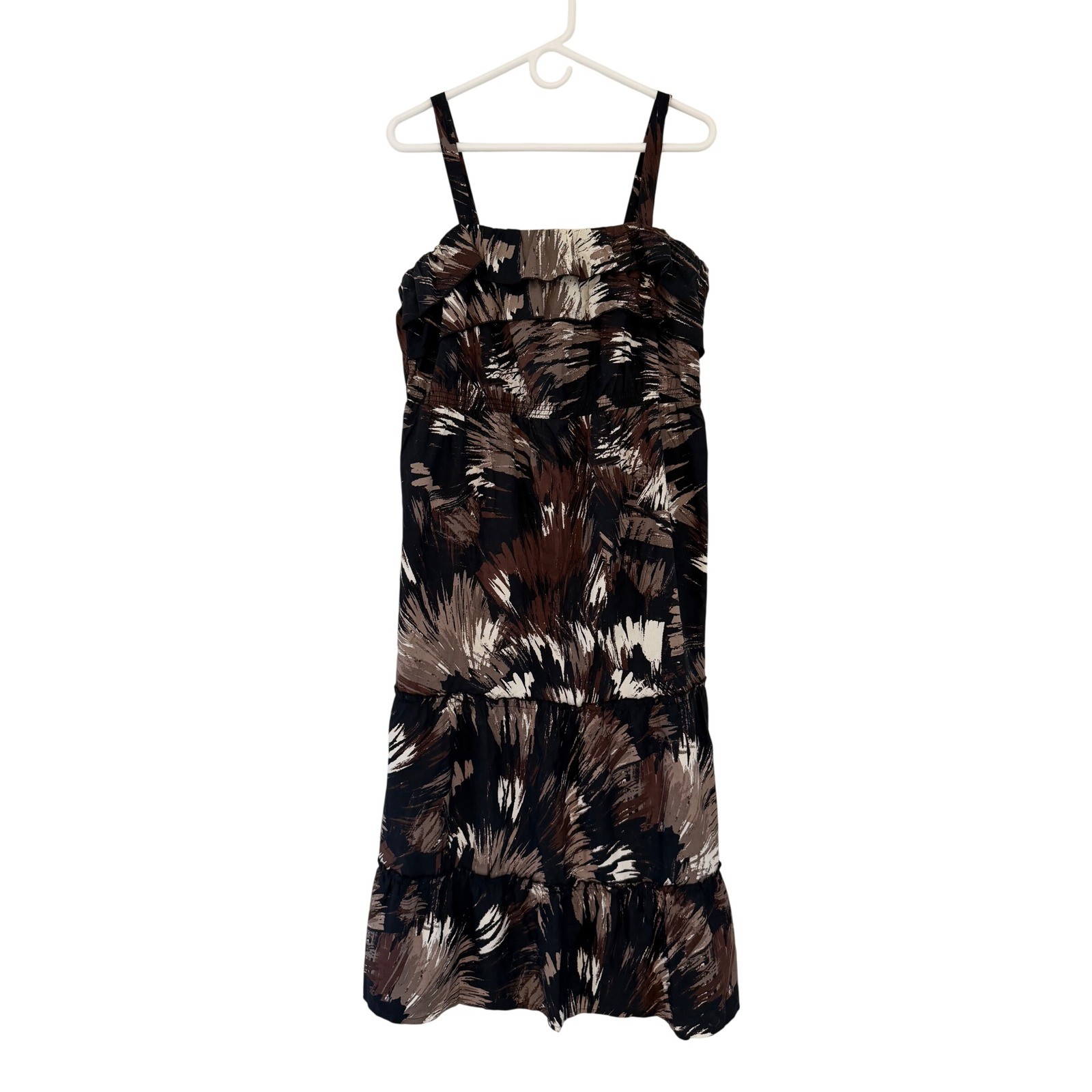 ANA A New Approach Brown Black Abstract Print Ruffle Tiered Midi Dress Large
